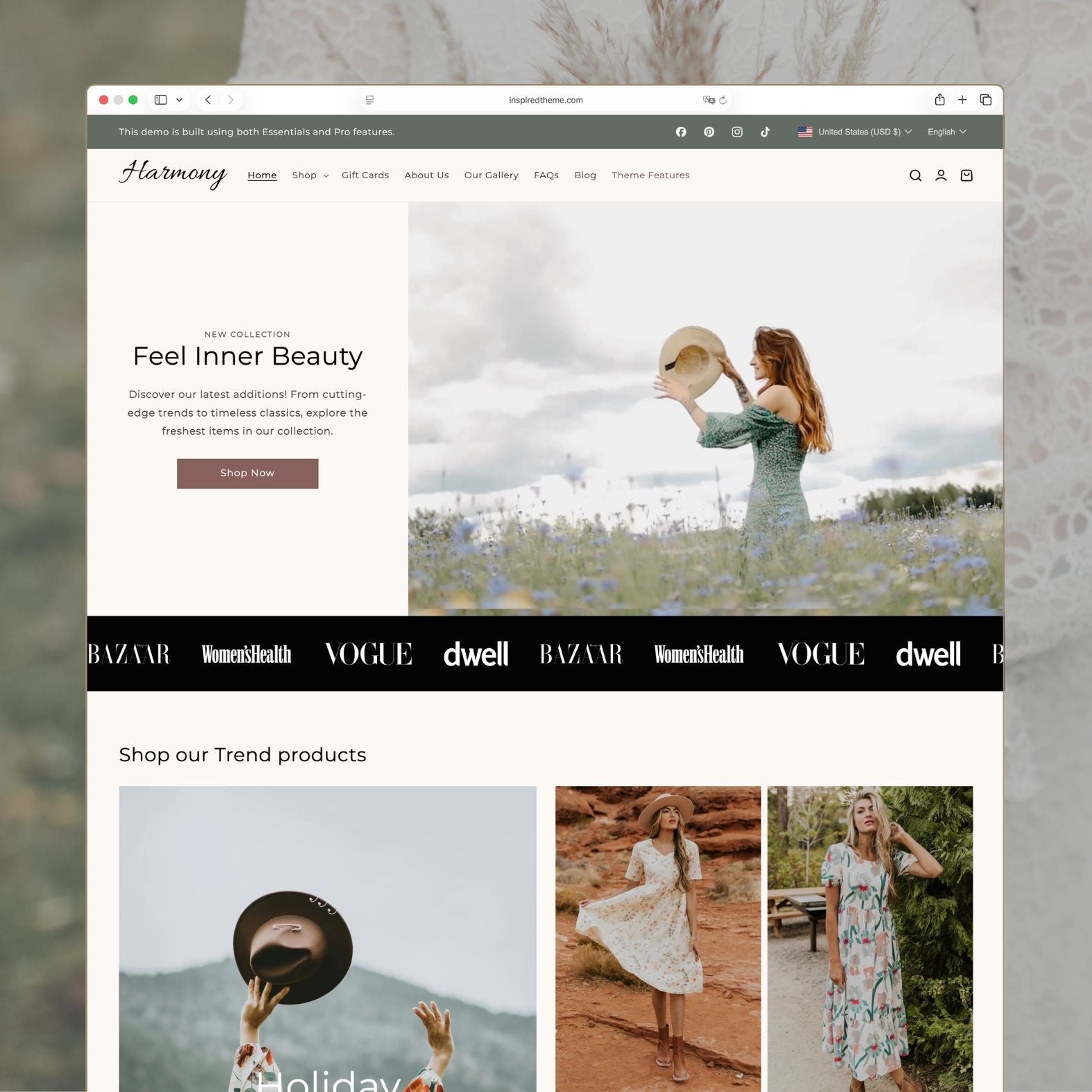 Harmony Shopify theme homepage for a boho women's fashion brand with nature-inspired design, hero imagery of wildflowers and flowing garments, earthy color palette, and seasonal collection highlights