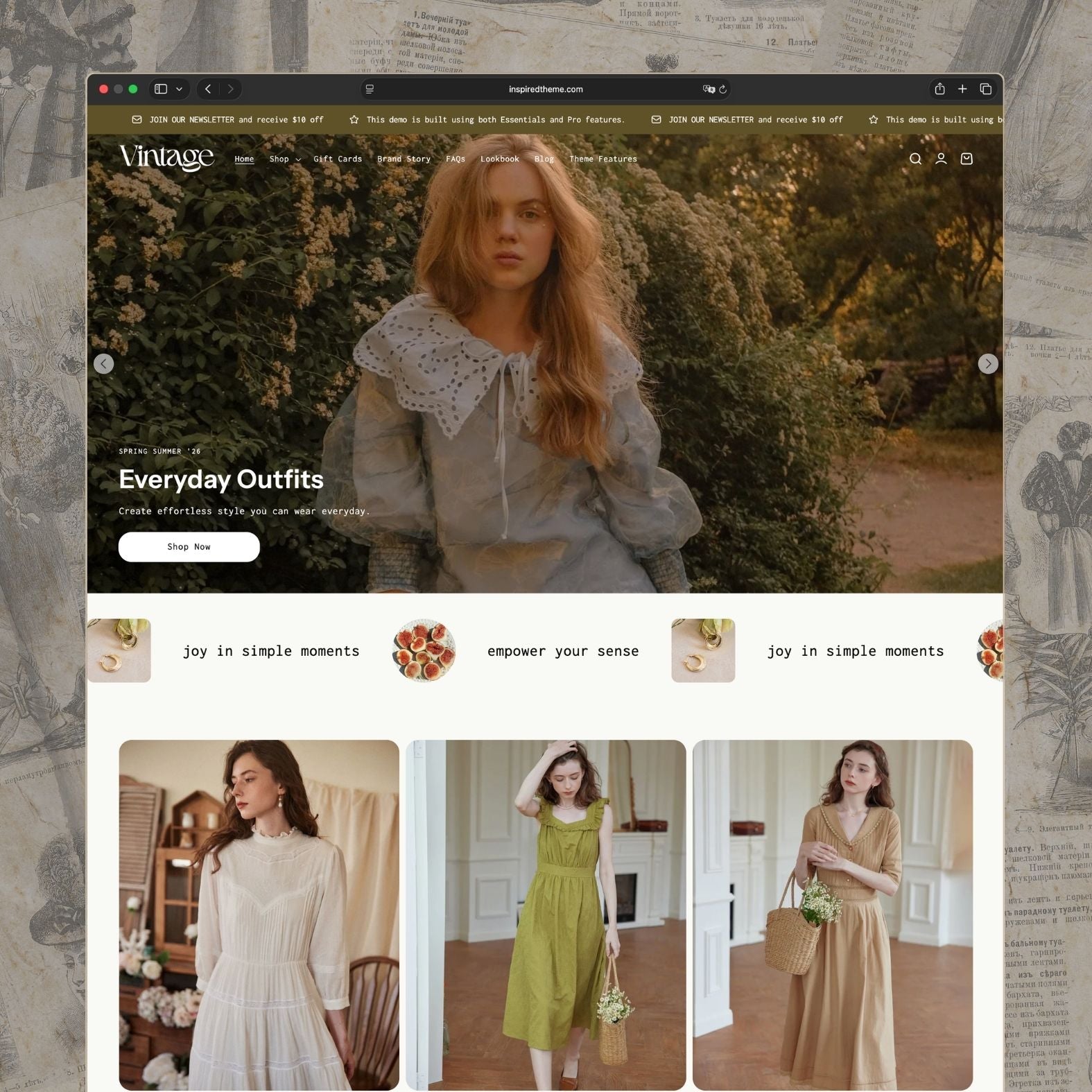 Vintage Shopify theme homepage for a vintage-inspired women's fashion brand with muted olive and gold tones, hero slideshow of a model in a peter pan collar blouse among flowers, 'Everyday Outfits' headline, scrolling joy-themed marquee, and editorial collection grid