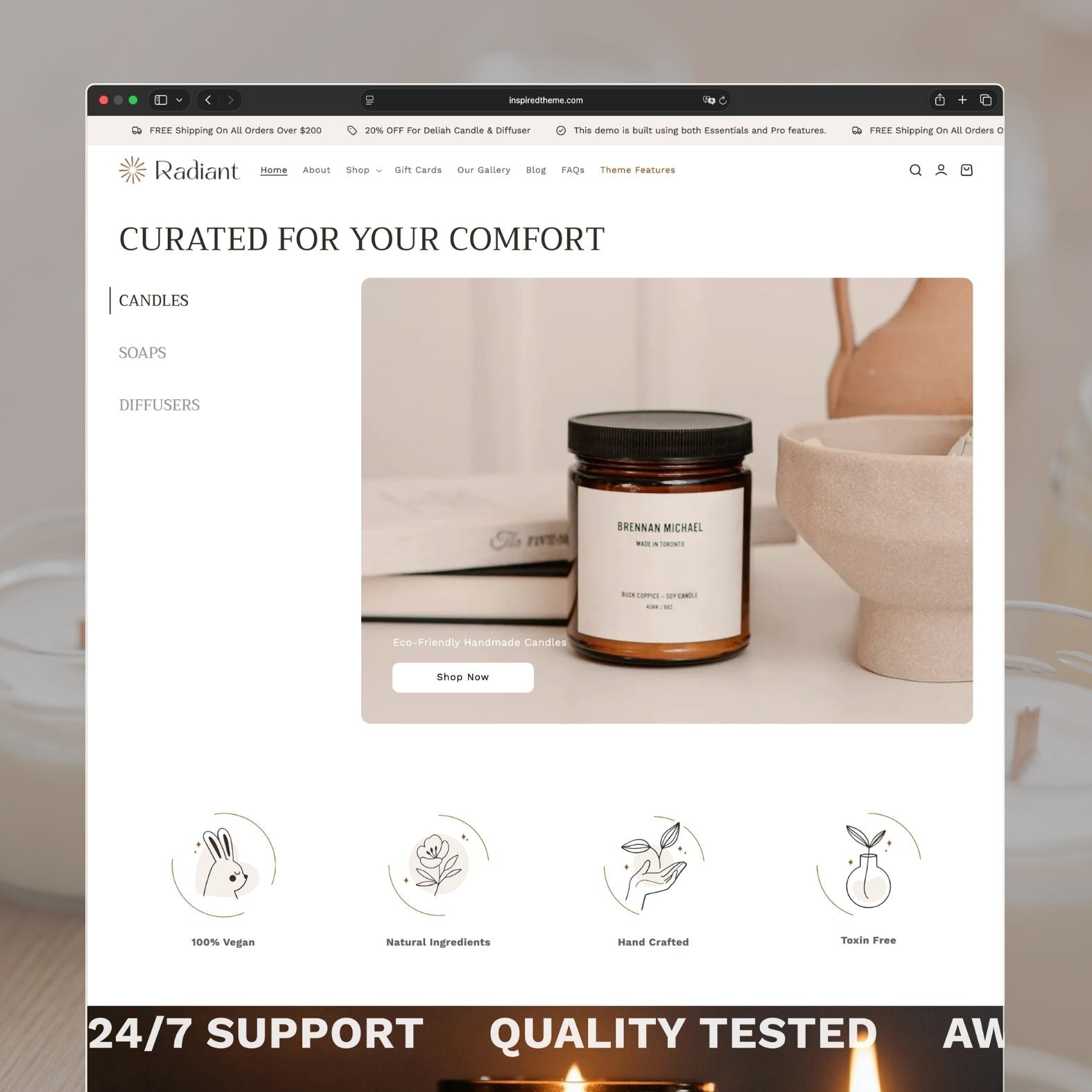 Radiant Shopify theme homepage for an eco-friendly candle, soap, and diffuser brand with warm neutral tones, 'Curated for your comfort' headline with tabbed collection browser, Brennan Michael candle product feature, trust icons for vegan, natural, handcrafted, and toxin-free