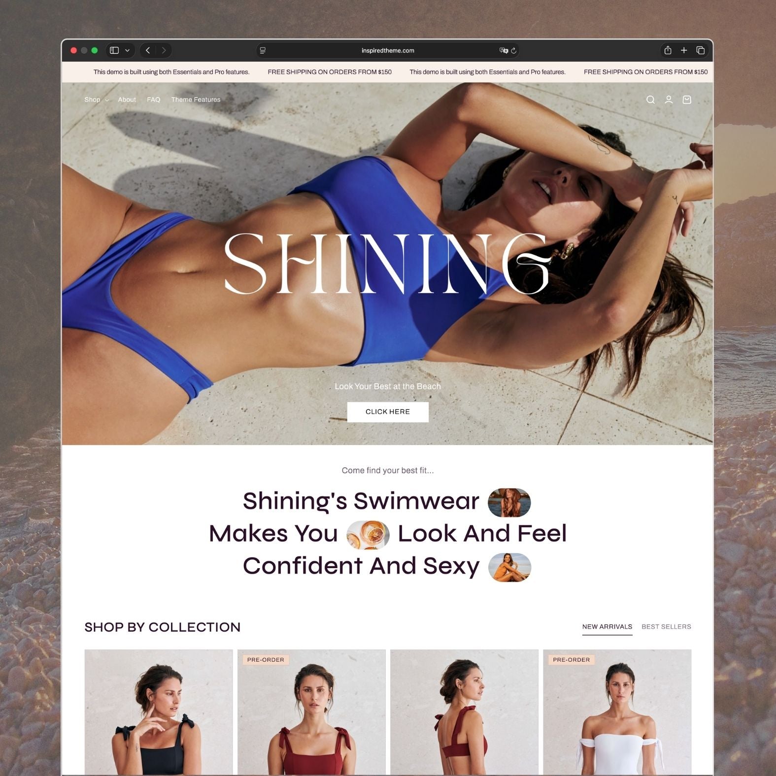 Shining Shopify theme homepage for a premium swimwear brand with bold beach aesthetic, full-screen hero image of a model in a blue swimsuit with elegant 'Shining' typography, 'Look Your Best at the Beach' tagline, and 'Shop by Collection' product grid with new arrivals