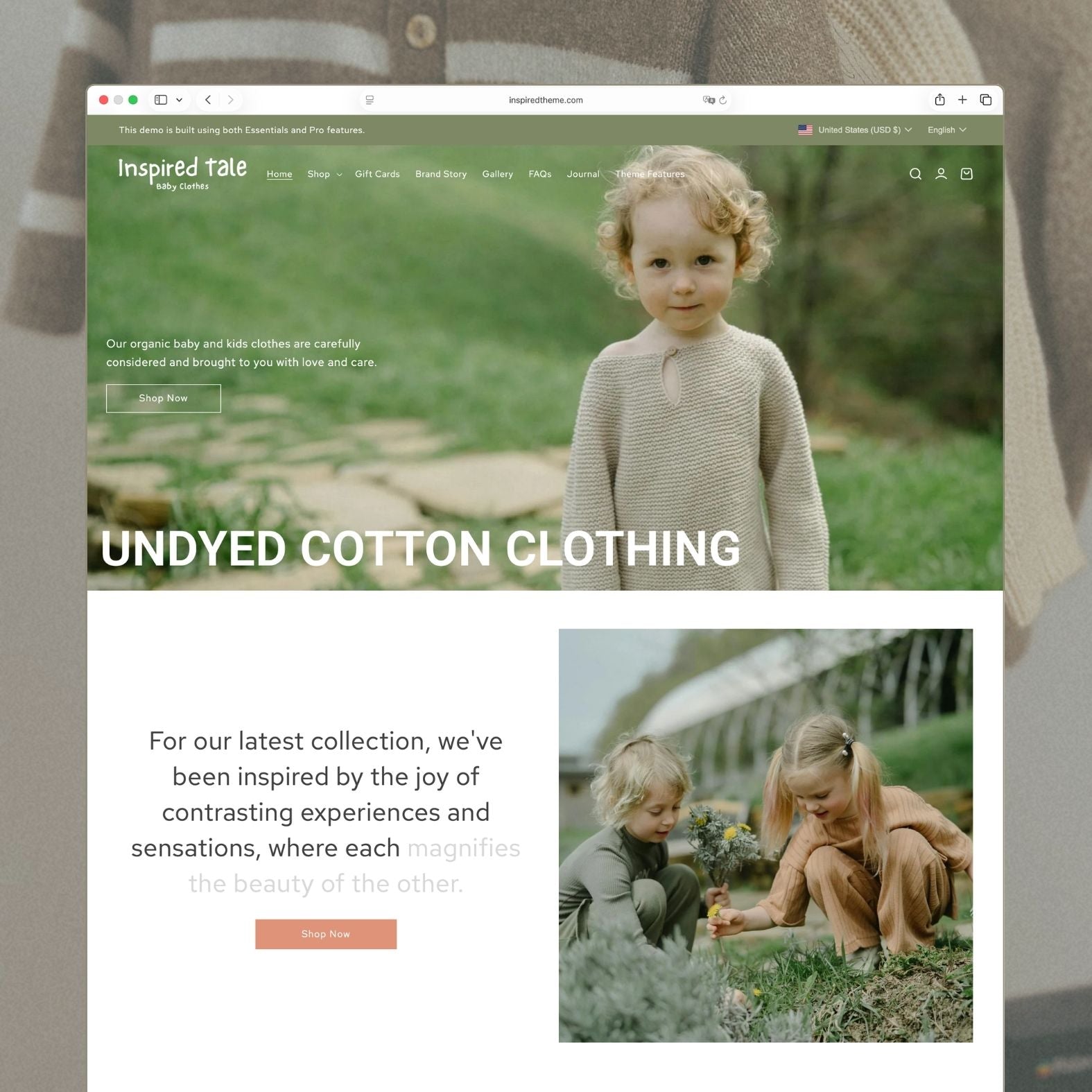 Tale Shopify theme homepage for an organic baby and kids clothing brand with gentle green and earth tones, hero image of a toddler in a knit sweater on a garden path, 'Undyed Cotton Clothing' headline, and brand story about contrasting experiences and natural fabrics