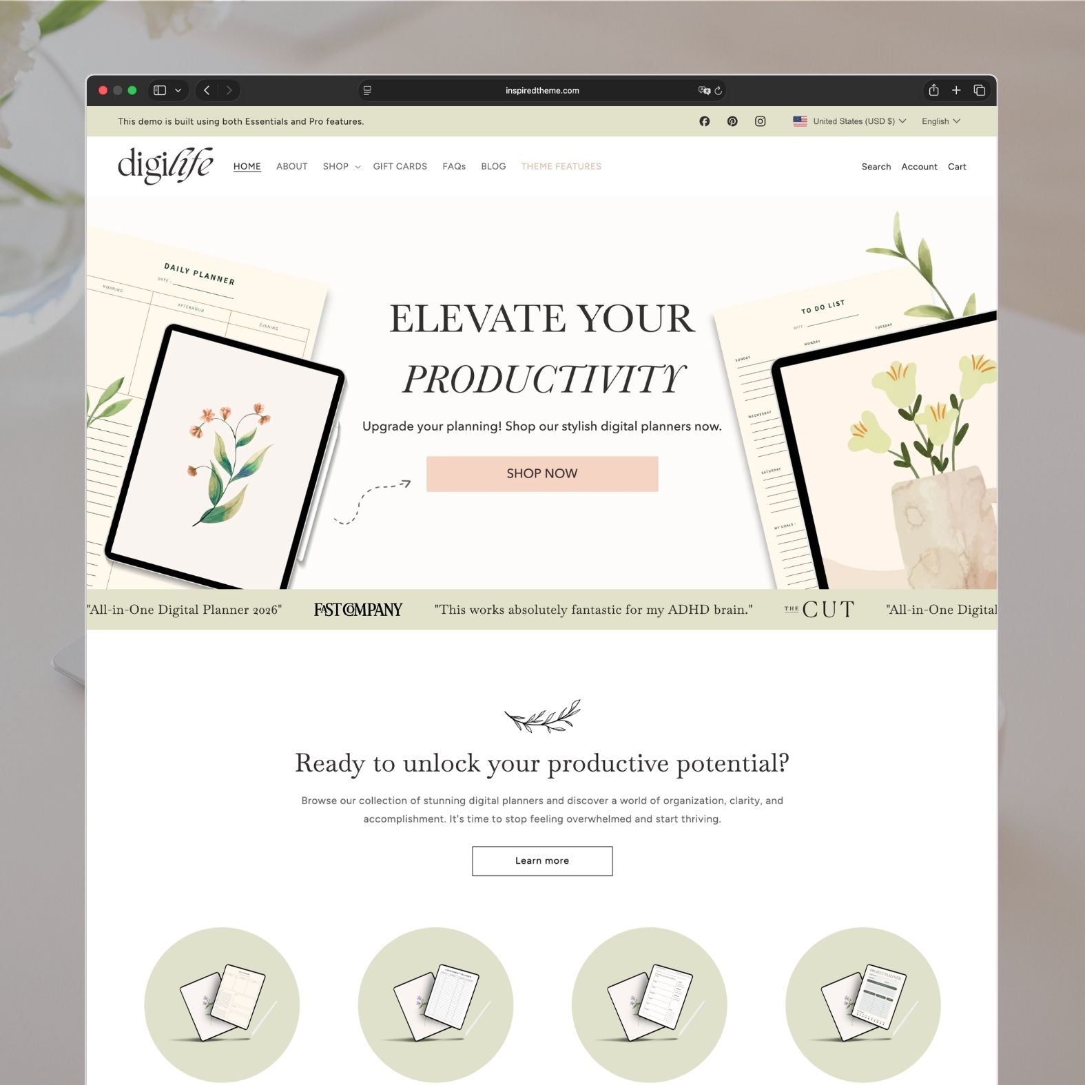 Digilife Shopify theme homepage for a digital planners and productivity products store with soft green and peach tones, hero section showcasing digital planning tools, modern clean layout, and tech-forward aesthetic