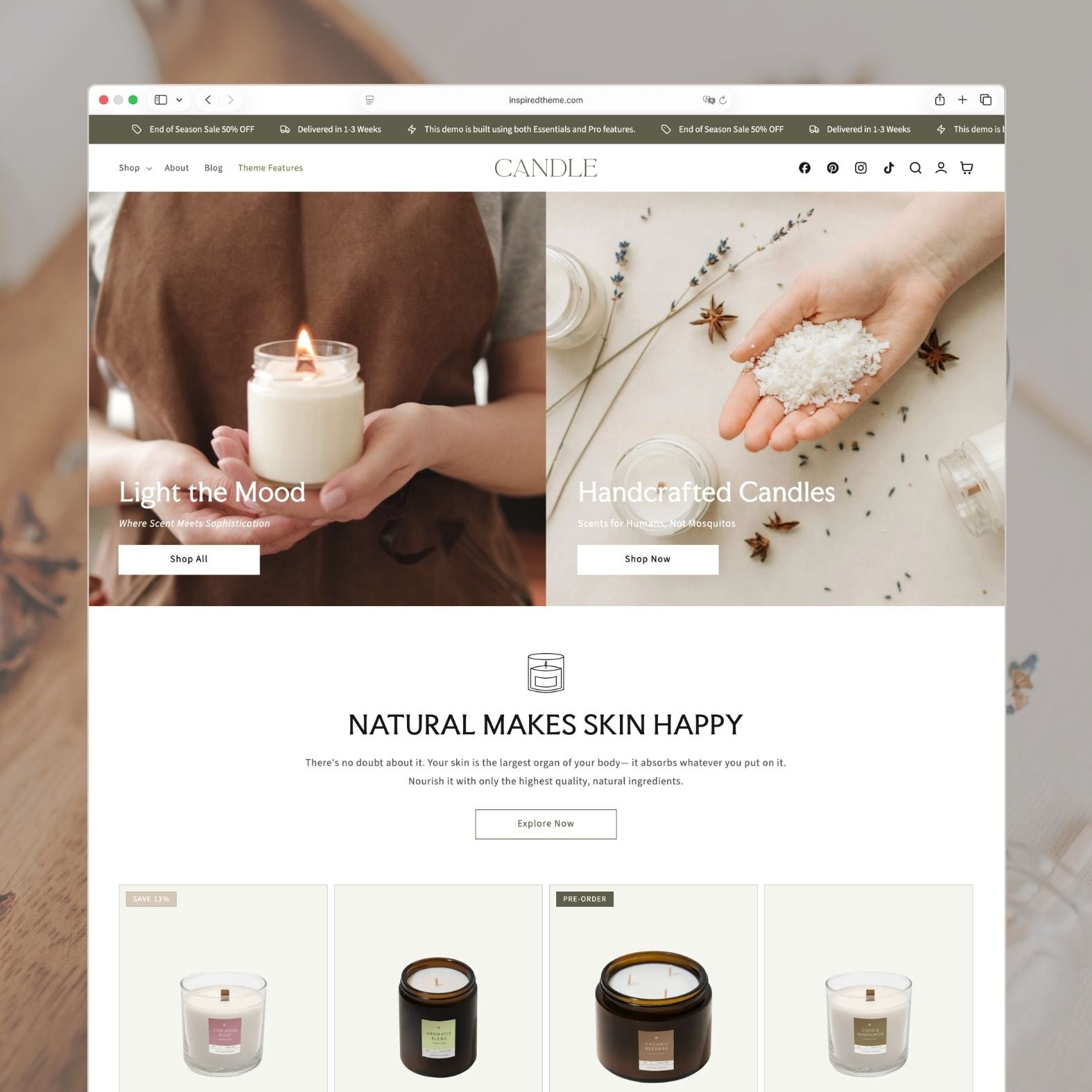 Candle Shopify theme homepage for a candle and natural body products store with warm muted tones, hero image of artisan candles, featured scent collections, and cozy aesthetic