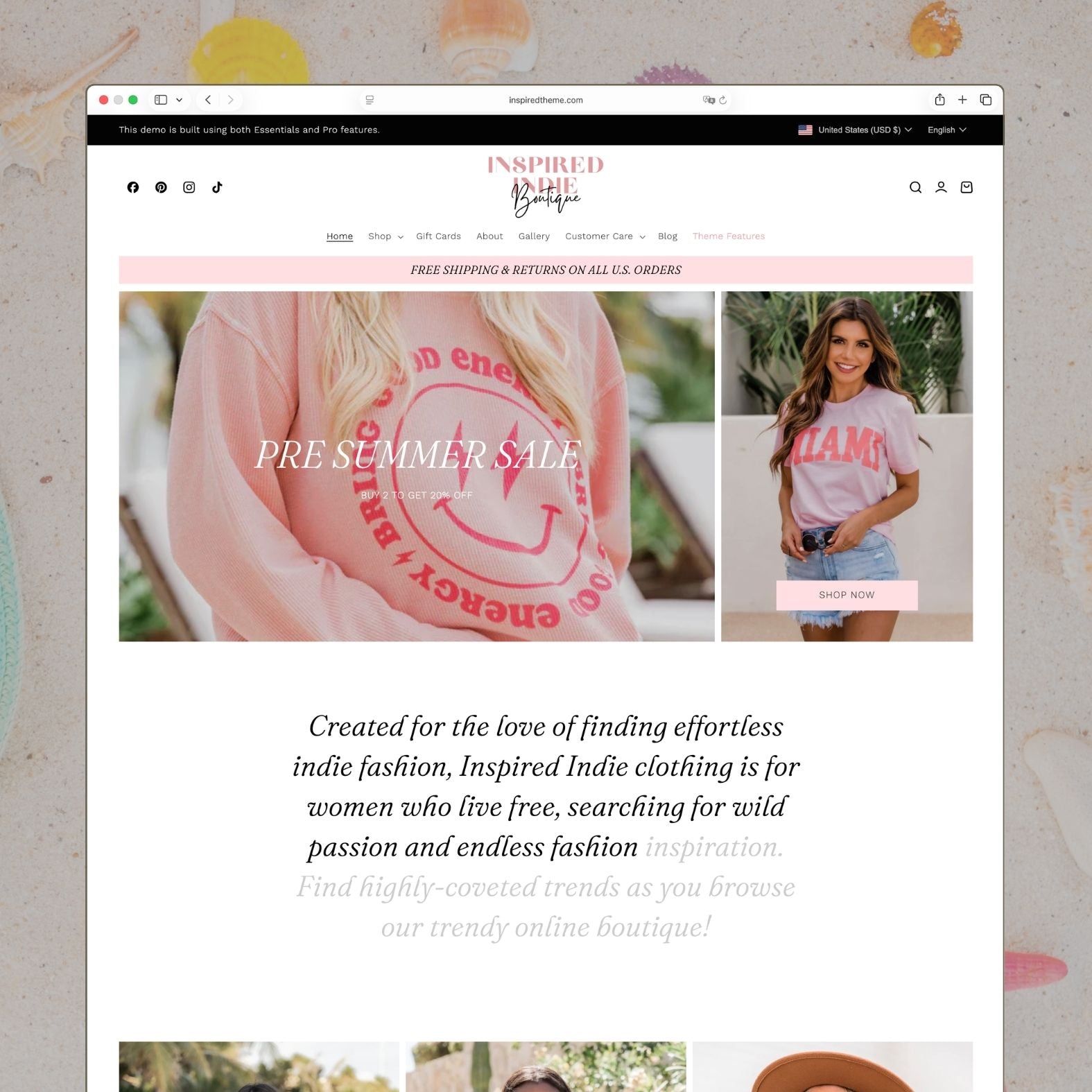 Indie Shopify theme homepage for a trendy women's fashion brand in pink tones with playful youthful design, hero banner featuring a model in indie-style clothing, bold typography, and curated collection grid