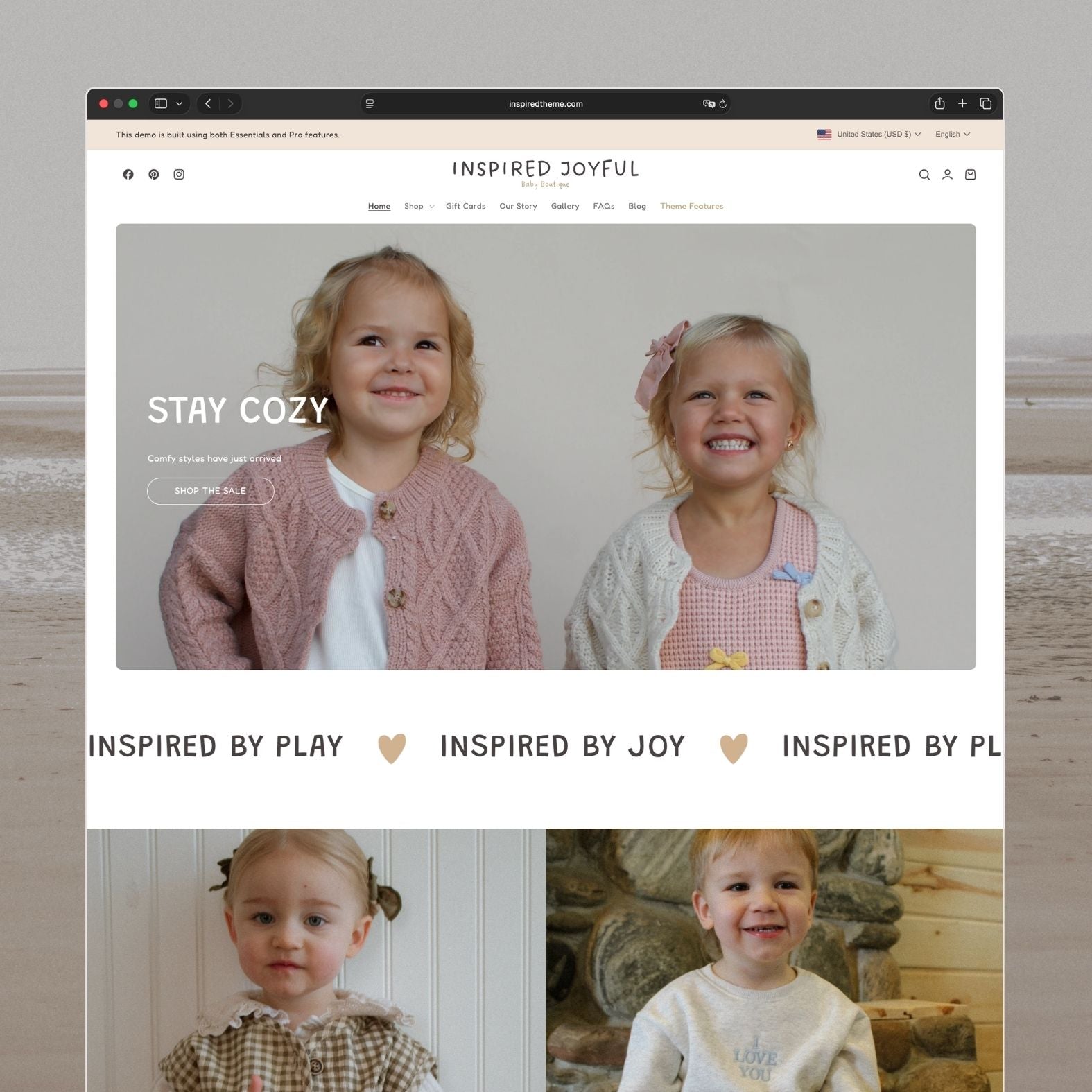 Joy Shopify theme homepage for a children's clothing and baby boutique with warm cozy tones, hero section featuring adorable kids' outfits, collection categories, and family-friendly design