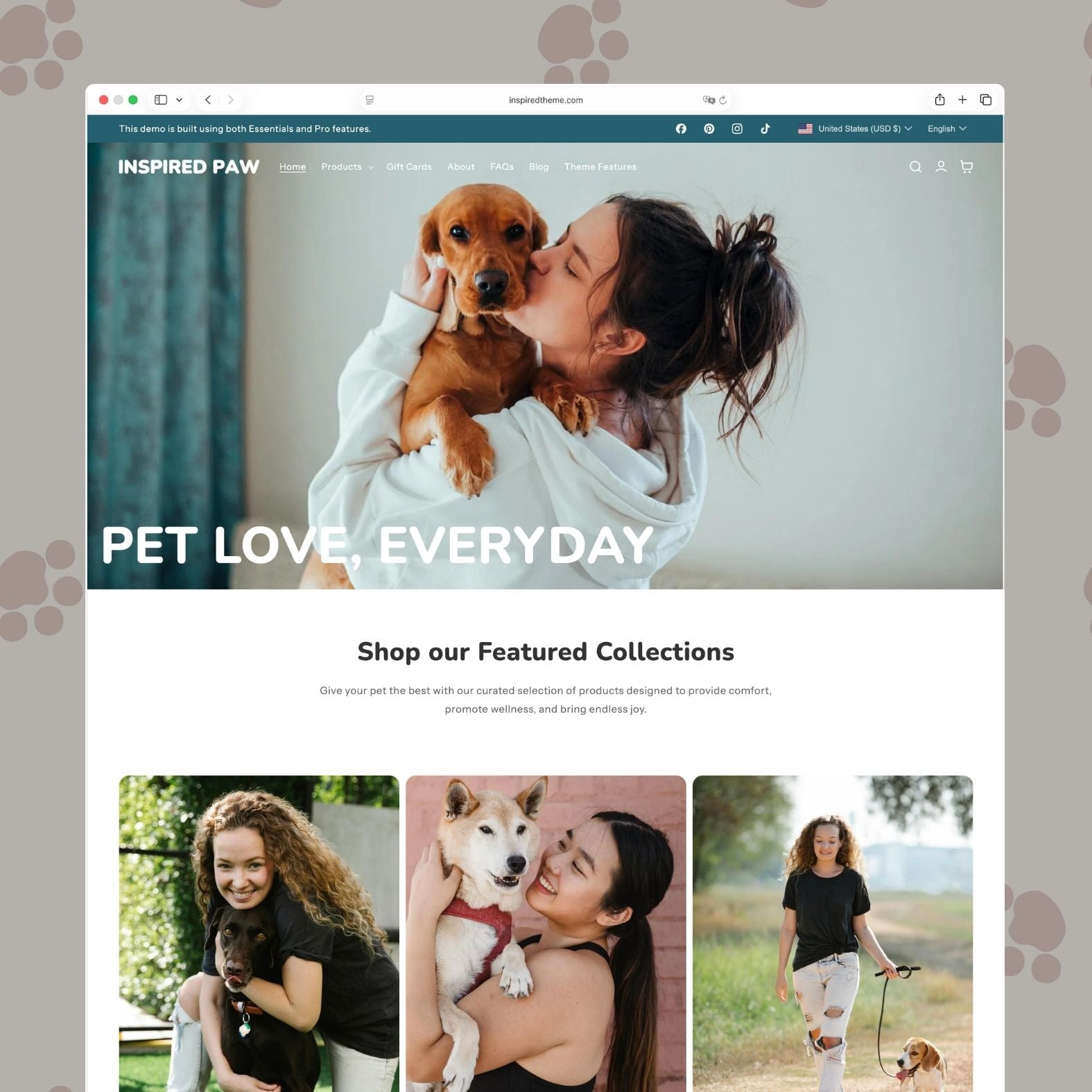 Paw Shopify theme homepage for a pet accessories brand with teal and white design, playful paw print background pattern, hero image of a woman kissing a puppy with 'Pet Love, Everyday' headline, featured collections with pet owner lifestyle photos