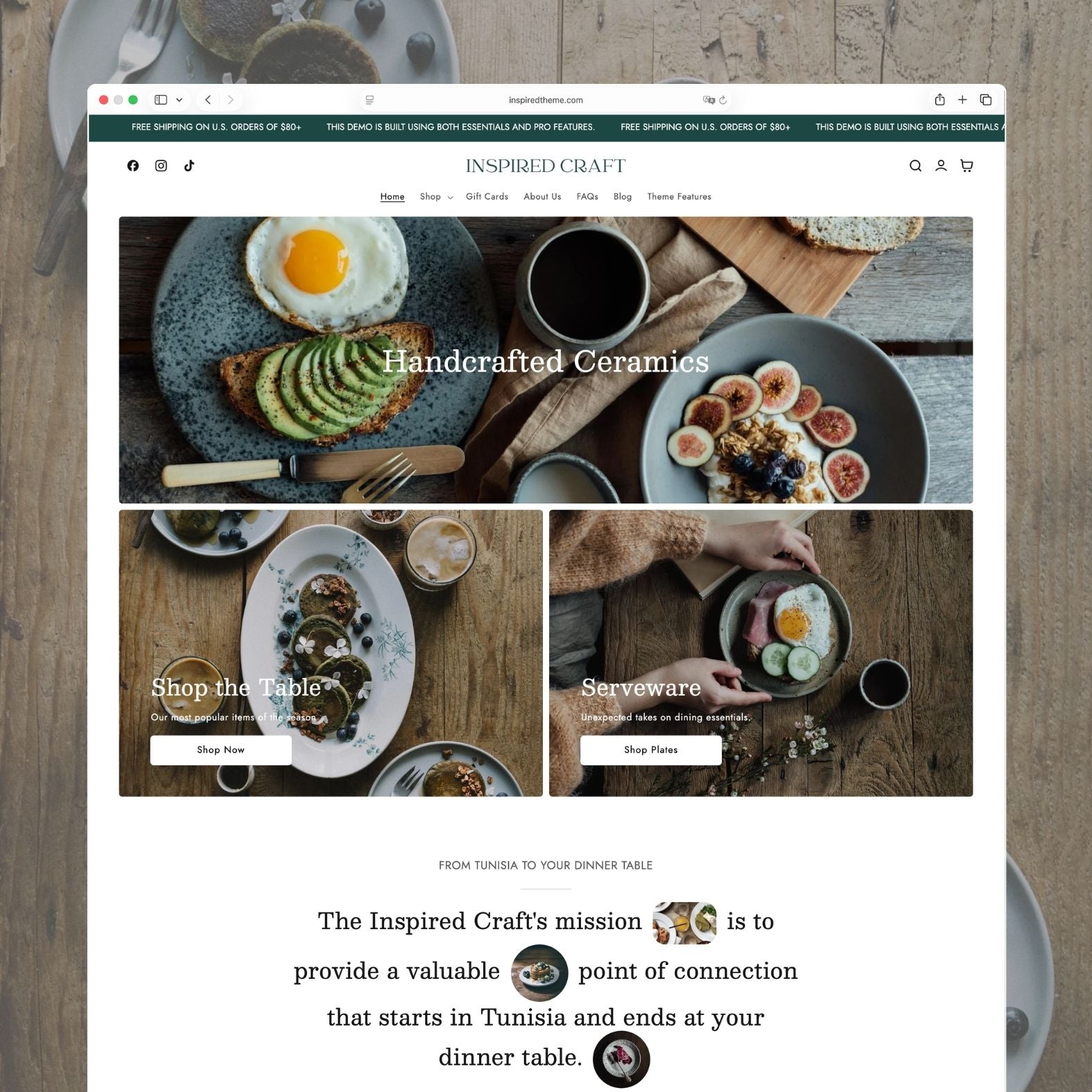 Craft Shopify theme homepage for a handcrafted ceramics and tableware store with dark green accents, hero banner reading 'Handcrafted Ceramics' over a styled dining table, tableware and serveware collections, and artisan mission statement