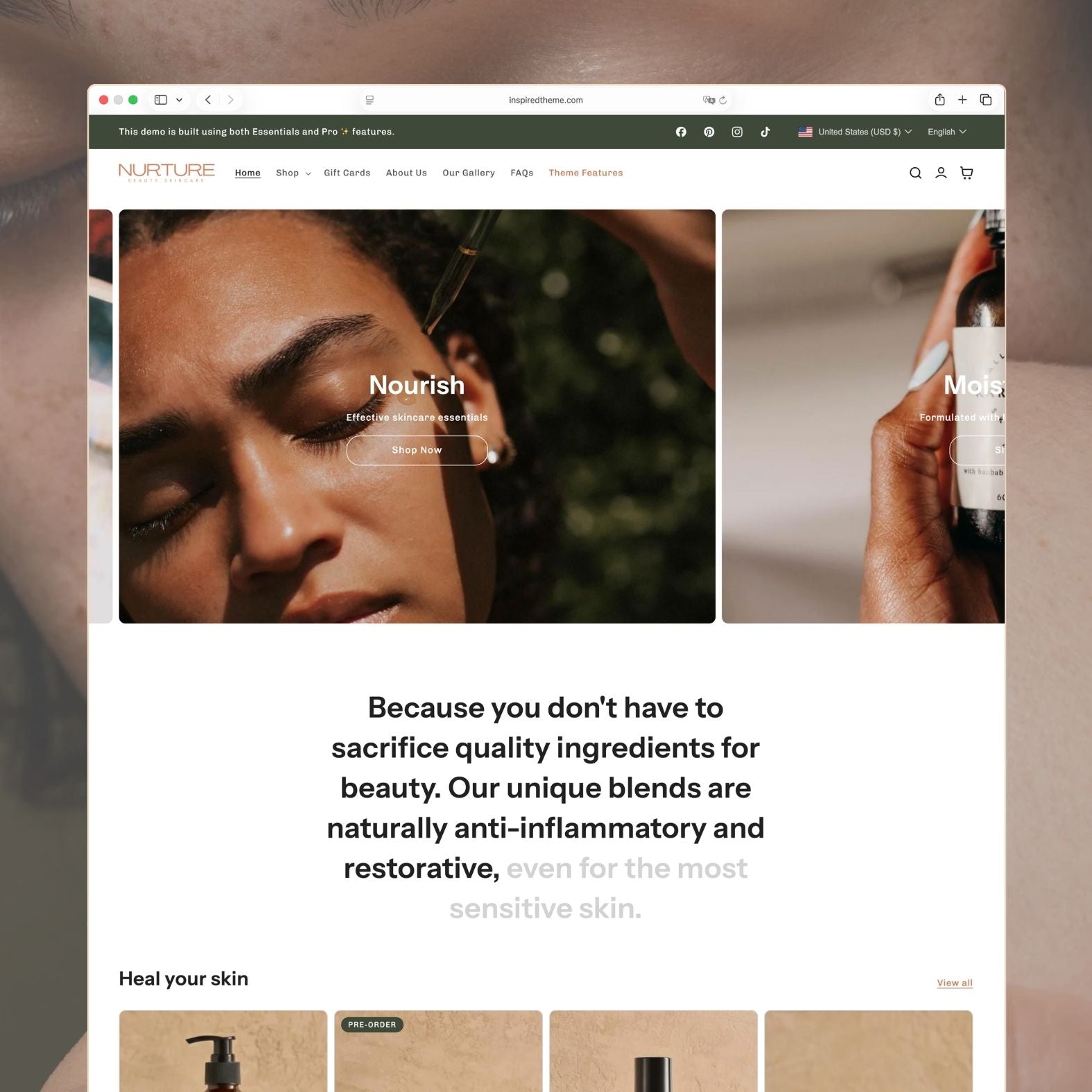 Nurture Shopify theme homepage for a natural beauty and skincare brand with olive green accents, hero section showing 'Nourish' and 'Moisturize' collection cards with close-up skin imagery, anti-inflammatory product messaging, and 'Heal your skin' product grid