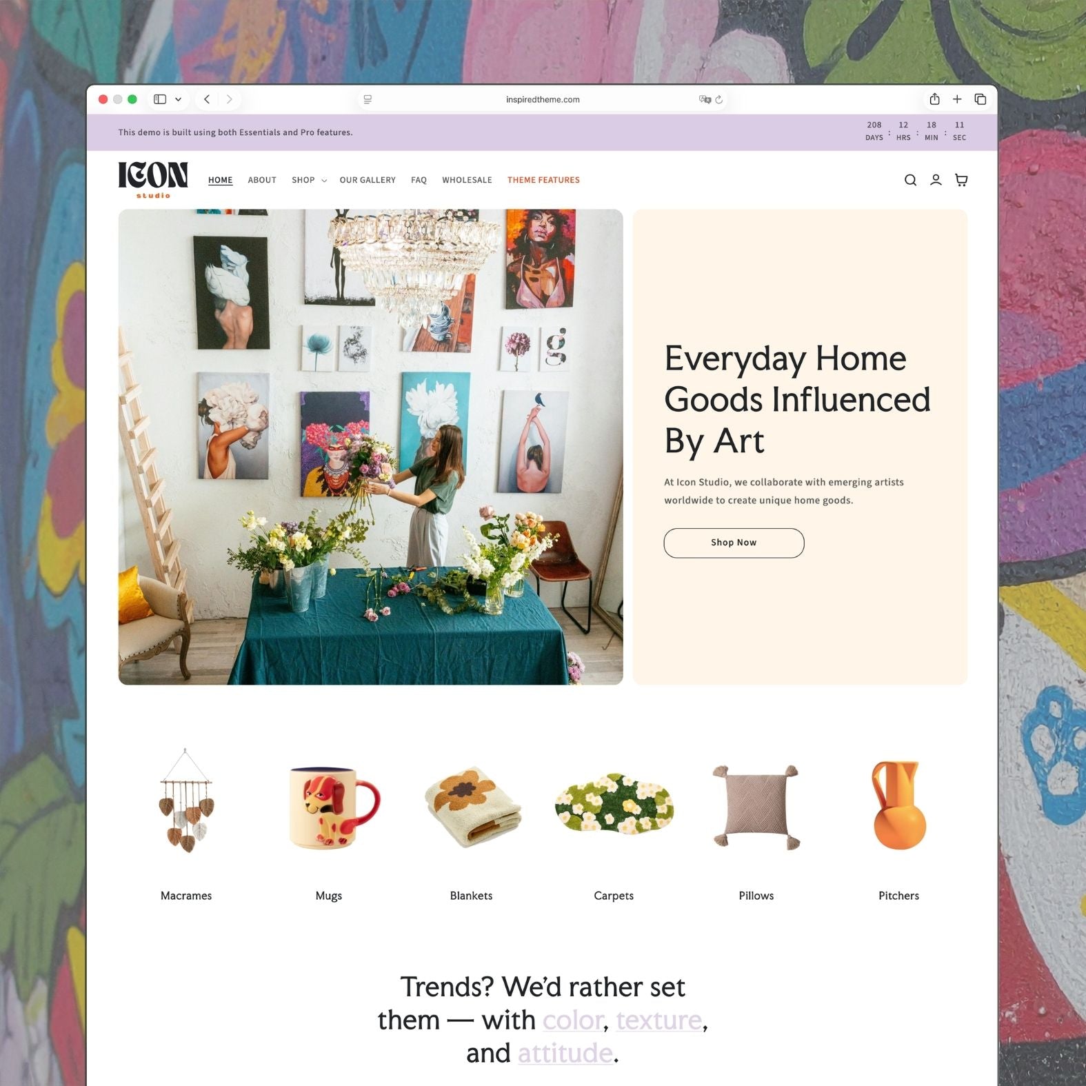 Icon Shopify theme homepage for an art-inspired home goods store featuring macrame, mugs, and blankets with colorful eclectic design, hero section showcasing handmade decor, and curated lifestyle collections