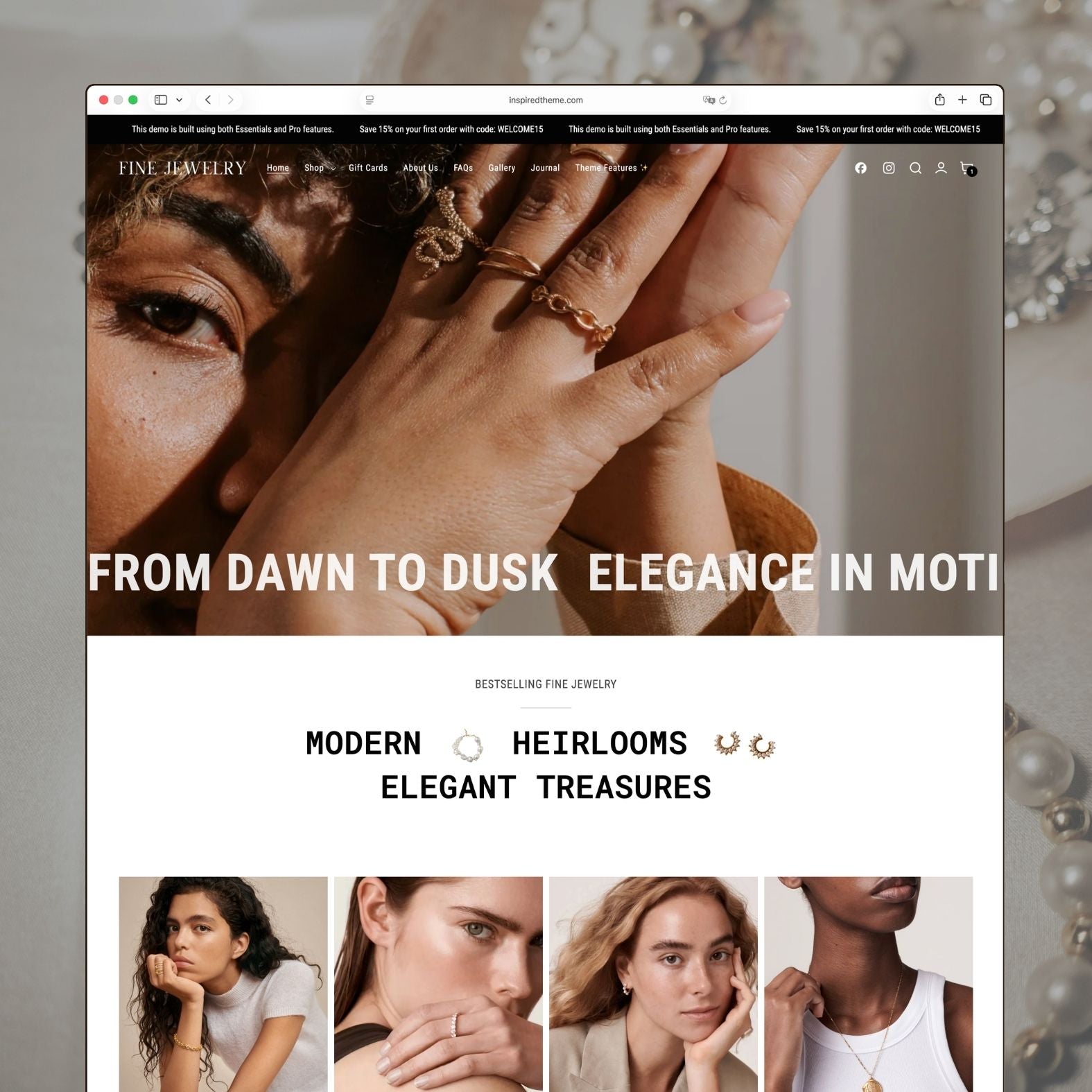 Fine Jewelry Shopify theme homepage for a fine jewelry and accessories brand with bold editorial design, close-up hero imagery of jewelry pieces, dark sophisticated color palette with gold accents, and curated collections