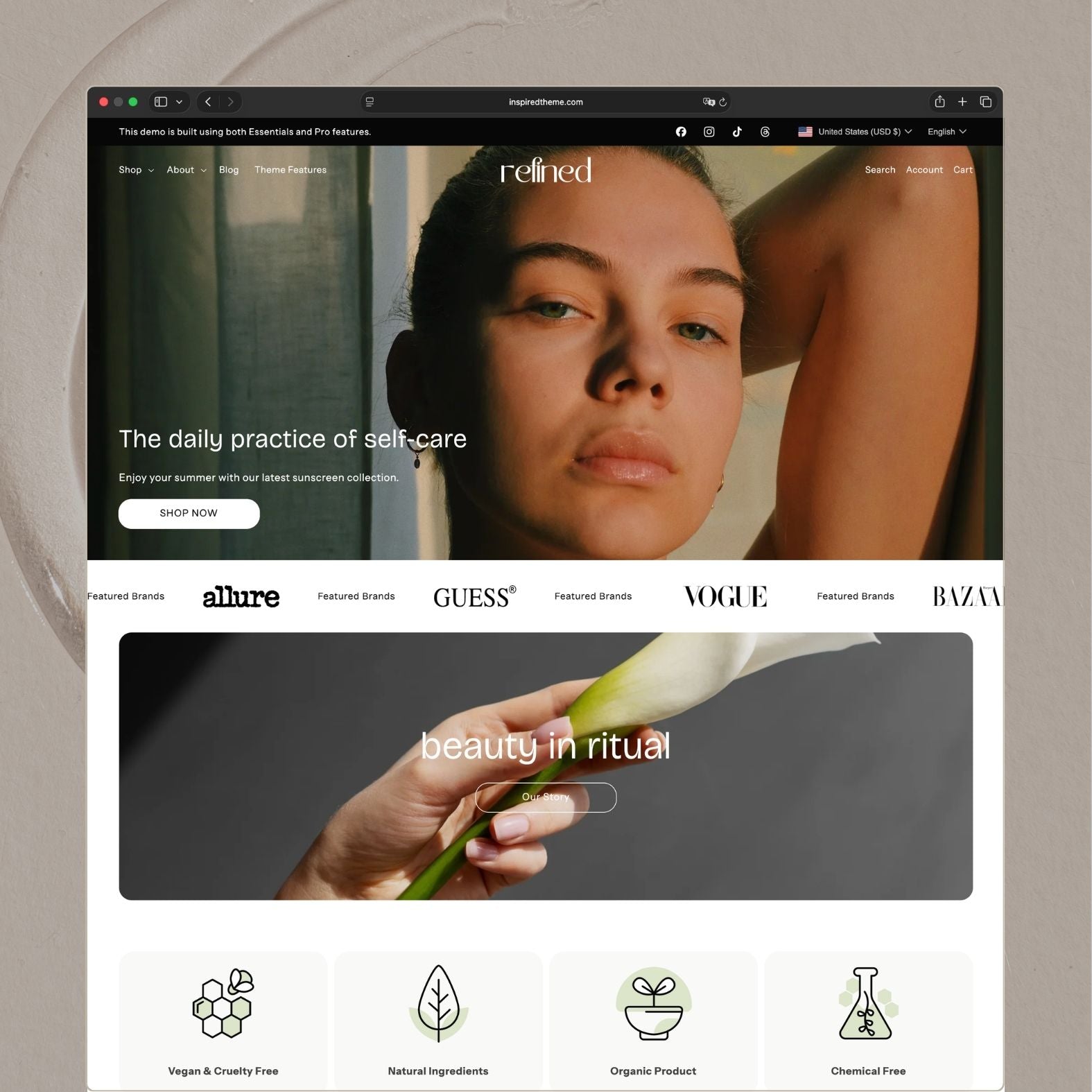 Refined Shopify theme homepage for a premium self-care and skincare brand with elegant beige and green tones, hero image of a woman with 'The daily practice of self-care' headline, featured brand logos marquee, 'beauty in ritual' video banner, and trust badges for vegan, natural, organic, and chemical-free