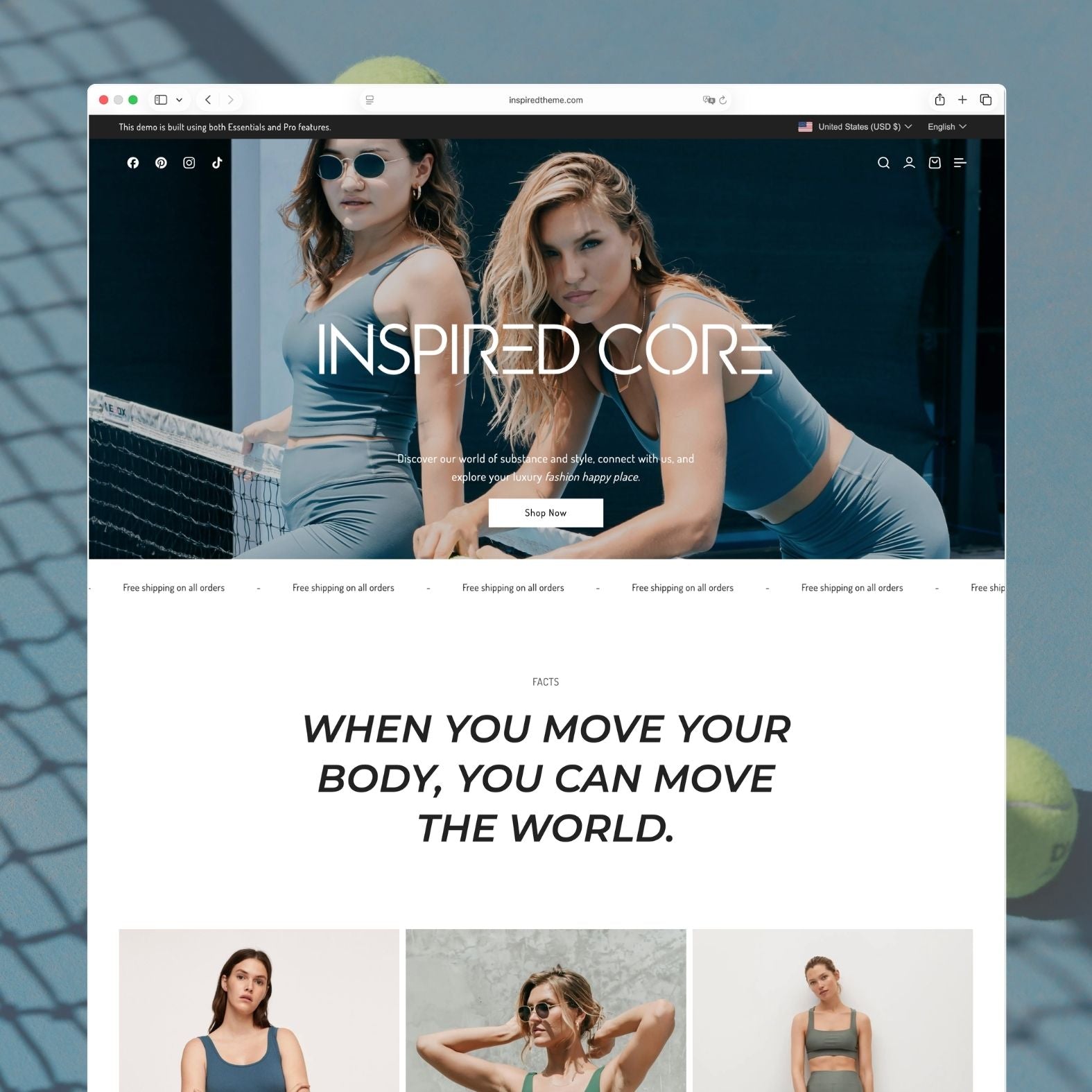 Core Shopify theme homepage for an activewear and sportswear brand with bold modern design and blue tones, hero banner featuring athletic apparel, dynamic collection layout, and energetic aesthetic