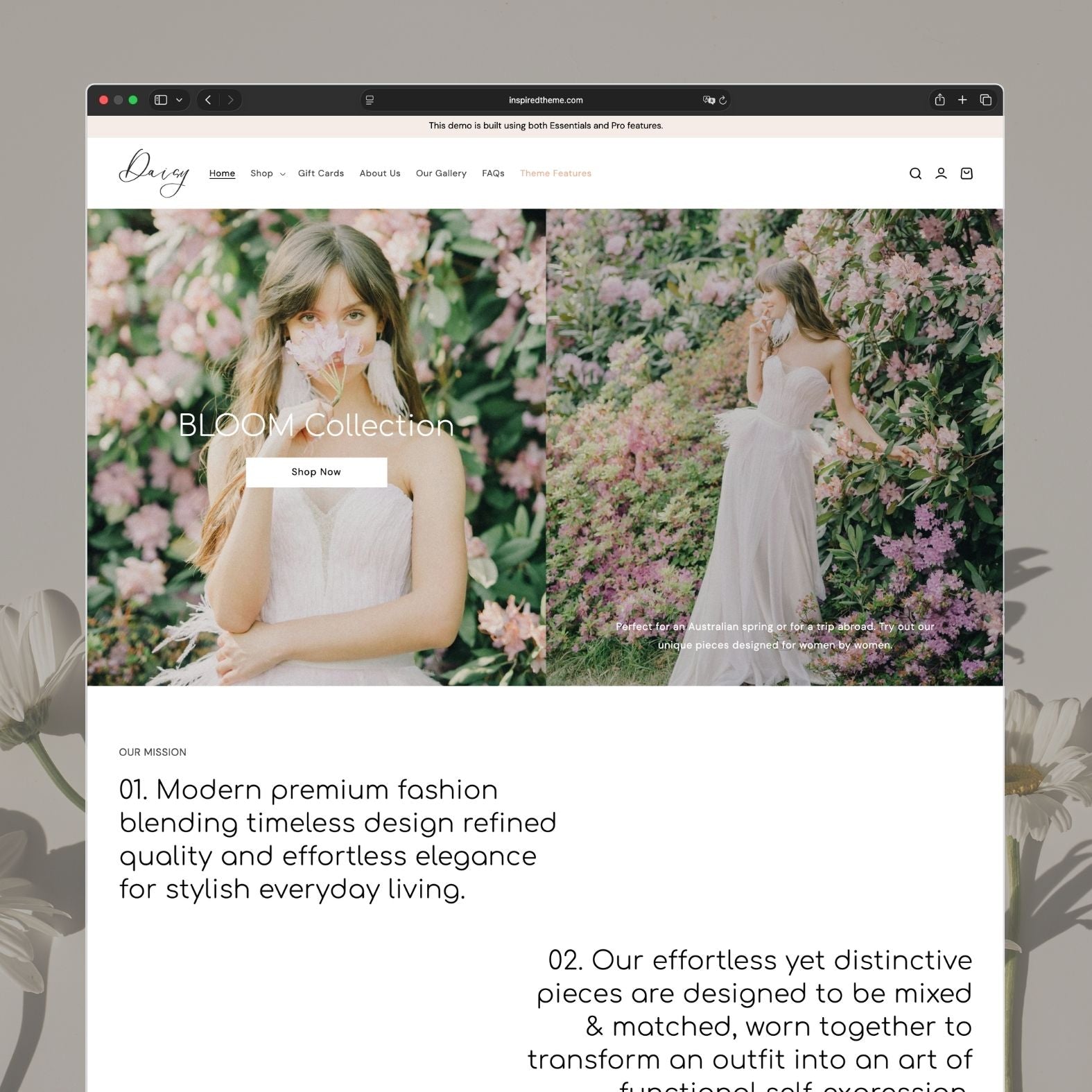 Daisy Shopify theme homepage for a modern premium women's fashion brand with floral garden imagery, hero banner showcasing the Bloom Collection, elegant script logo, and mission statement about timeless design