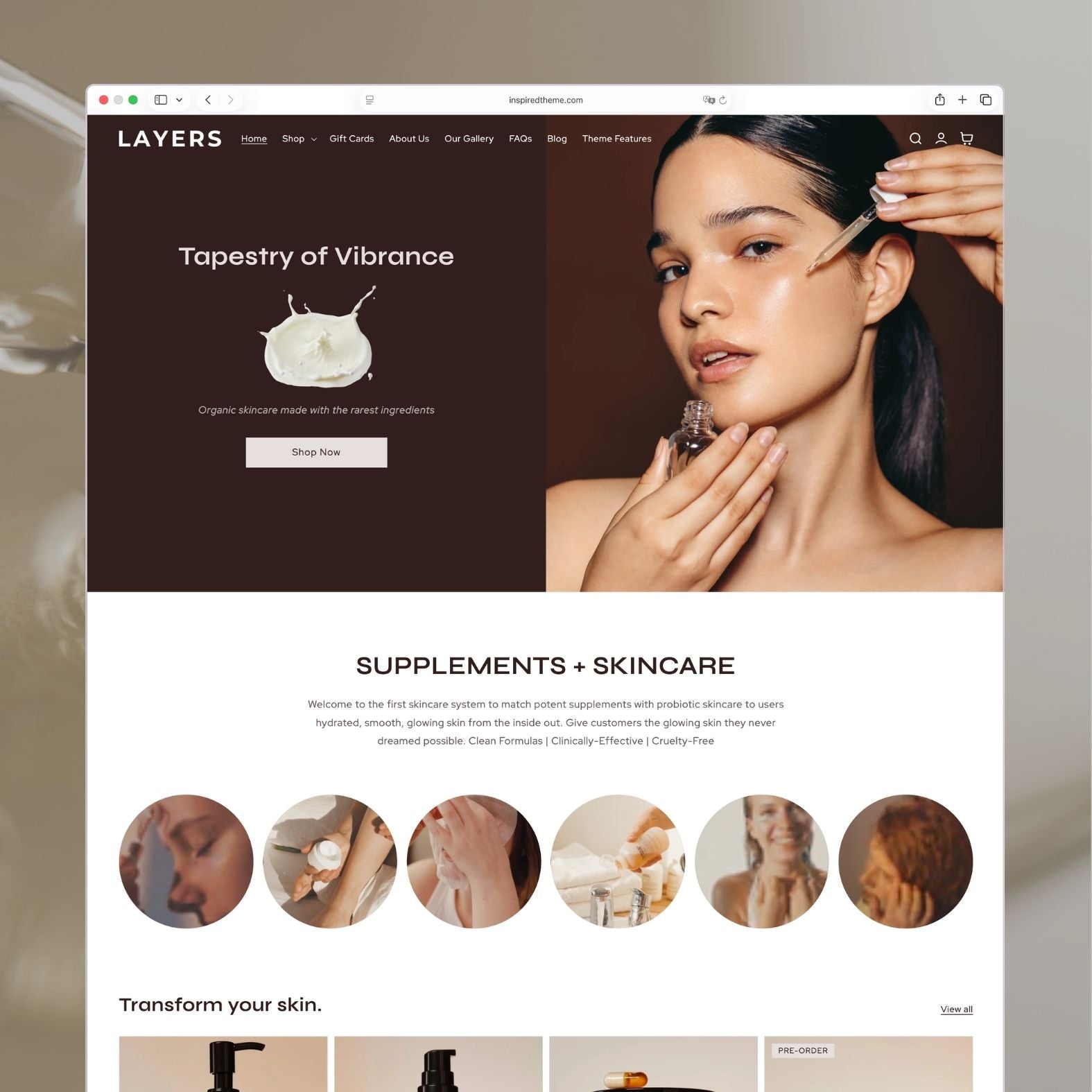 Layers Shopify theme homepage for a supplements and skincare brand with rich brown and dark tones, hero banner featuring wellness products, benefit icons, and premium aesthetic