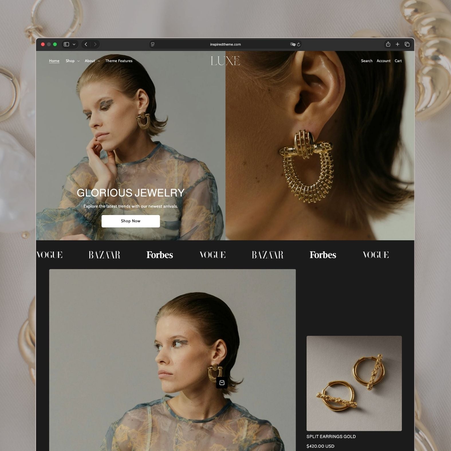 Luxe theme homepage for a jewelry store featuring a hero banner with editorial photography, press logos, and a shoppable product section on a dark background