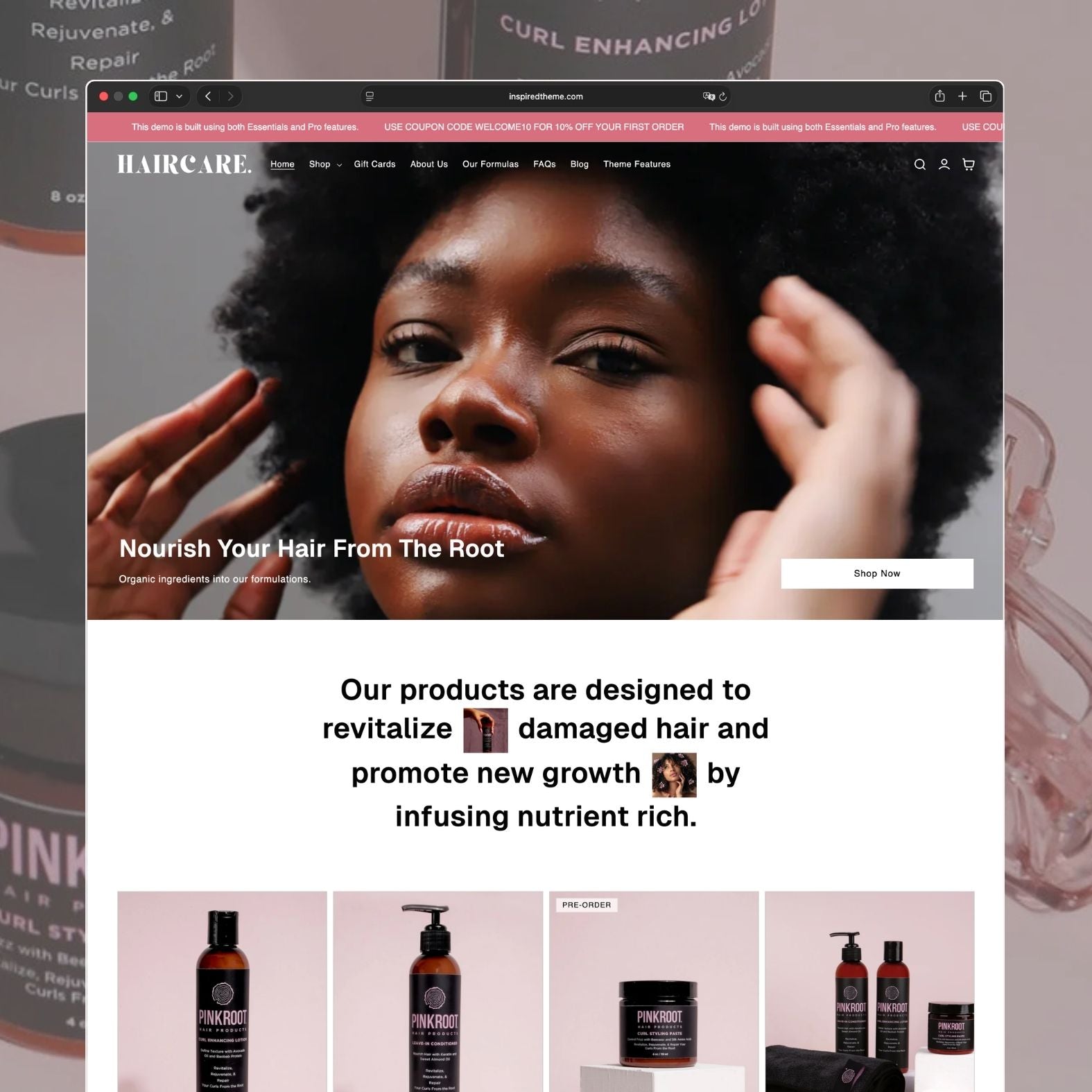 Haircare Shopify theme homepage for a natural hair care products brand with pink and rose tones, hero image featuring hair care bottles, brand promise section, and curated product collections