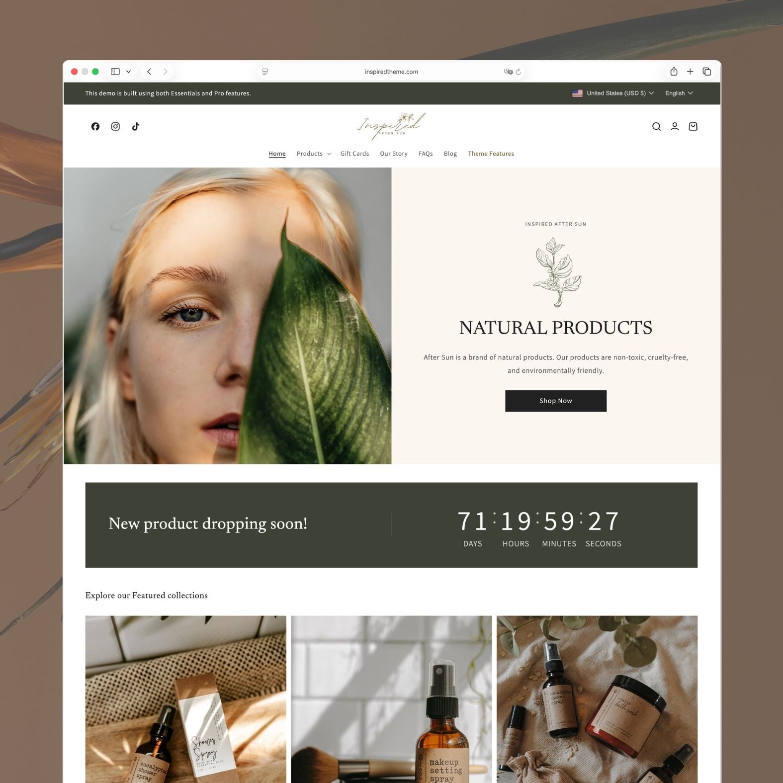 After Sun Shopify theme homepage featuring a natural skincare brand with earthy green tones, hero banner showing botanical body care products, navigation menu, and featured product collections