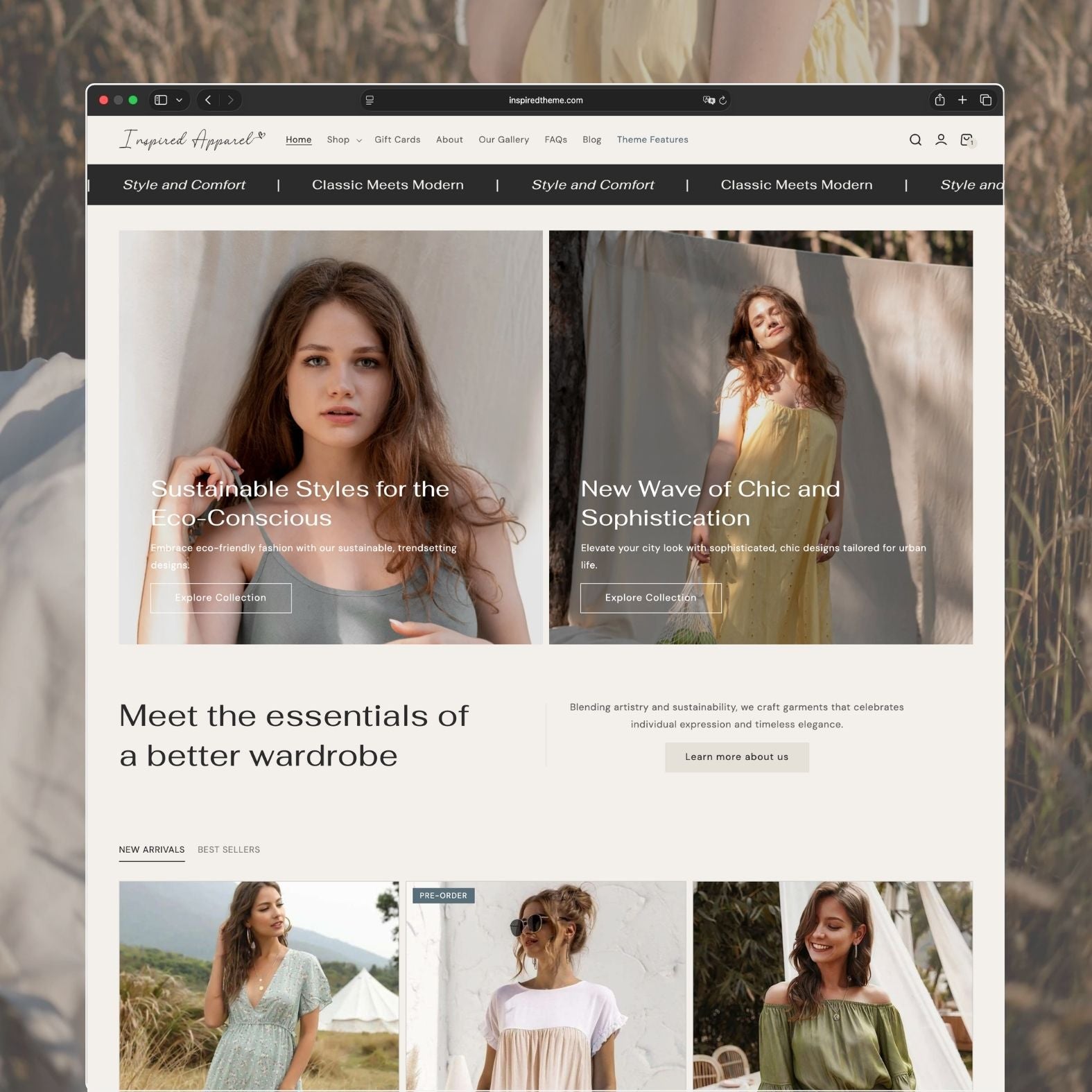 Apparel Shopify theme homepage for a sustainable women's fashion store with neutral beige tones, hero banner featuring a model in casual wear, and clean minimal navigation