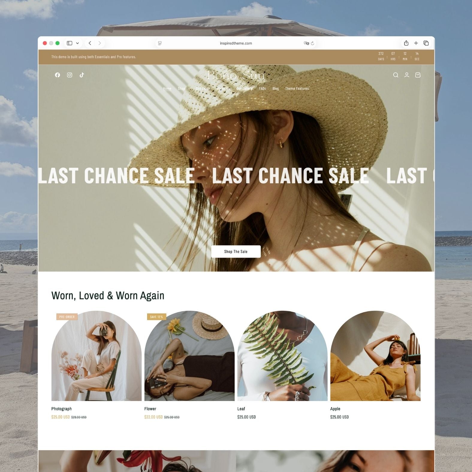 Boho Sun Shopify theme homepage for a bohemian beach fashion brand with golden sandy tones, hero banner featuring a model in boho swimwear, collection links, and sun-kissed lifestyle imagery