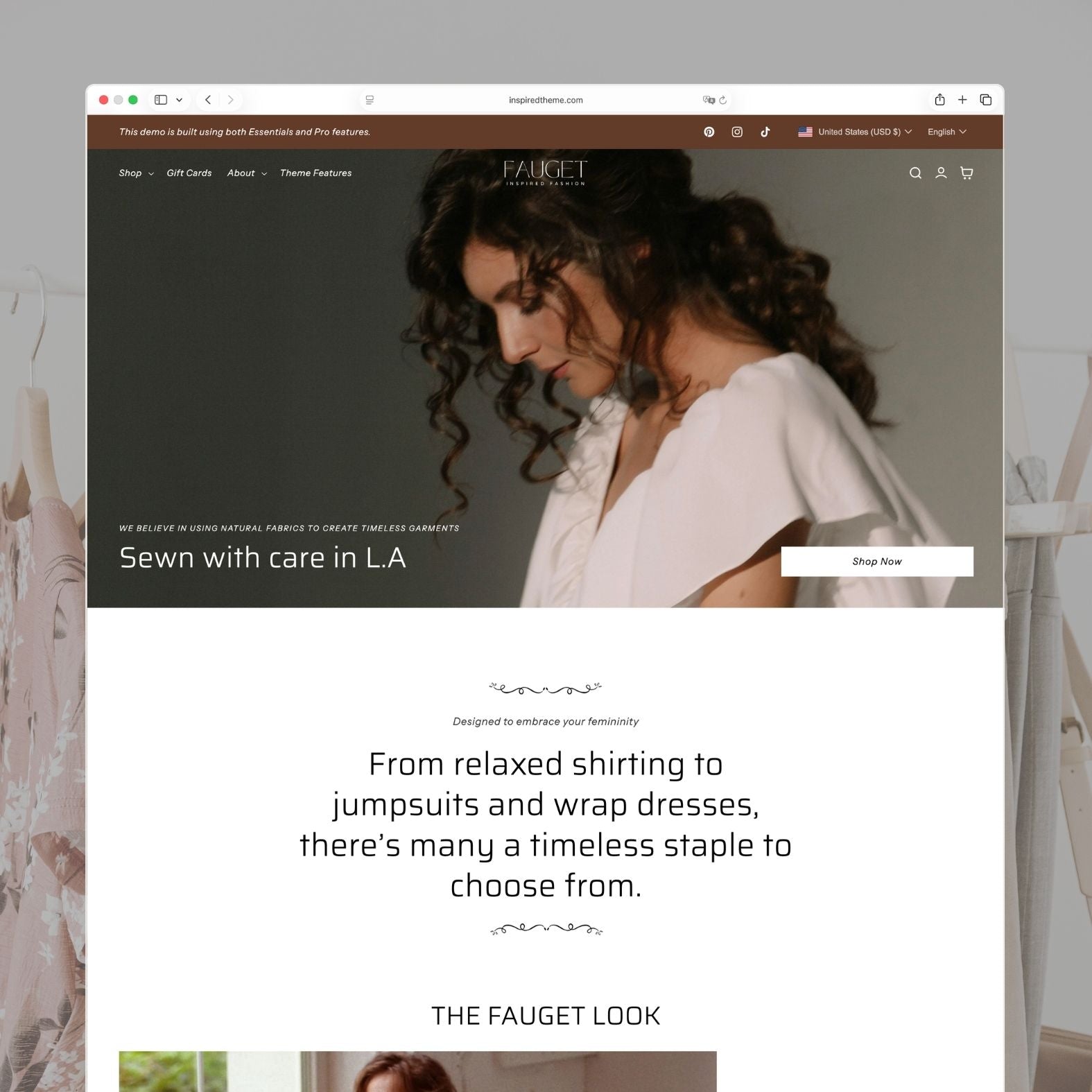 Fauget Shopify theme homepage for a timeless women's fashion brand with warm brown header accents, full-screen hero image of a model in natural fabrics, 'Sewn with care in L.A' headline, and brand description about relaxed shirting and wrap dresses
