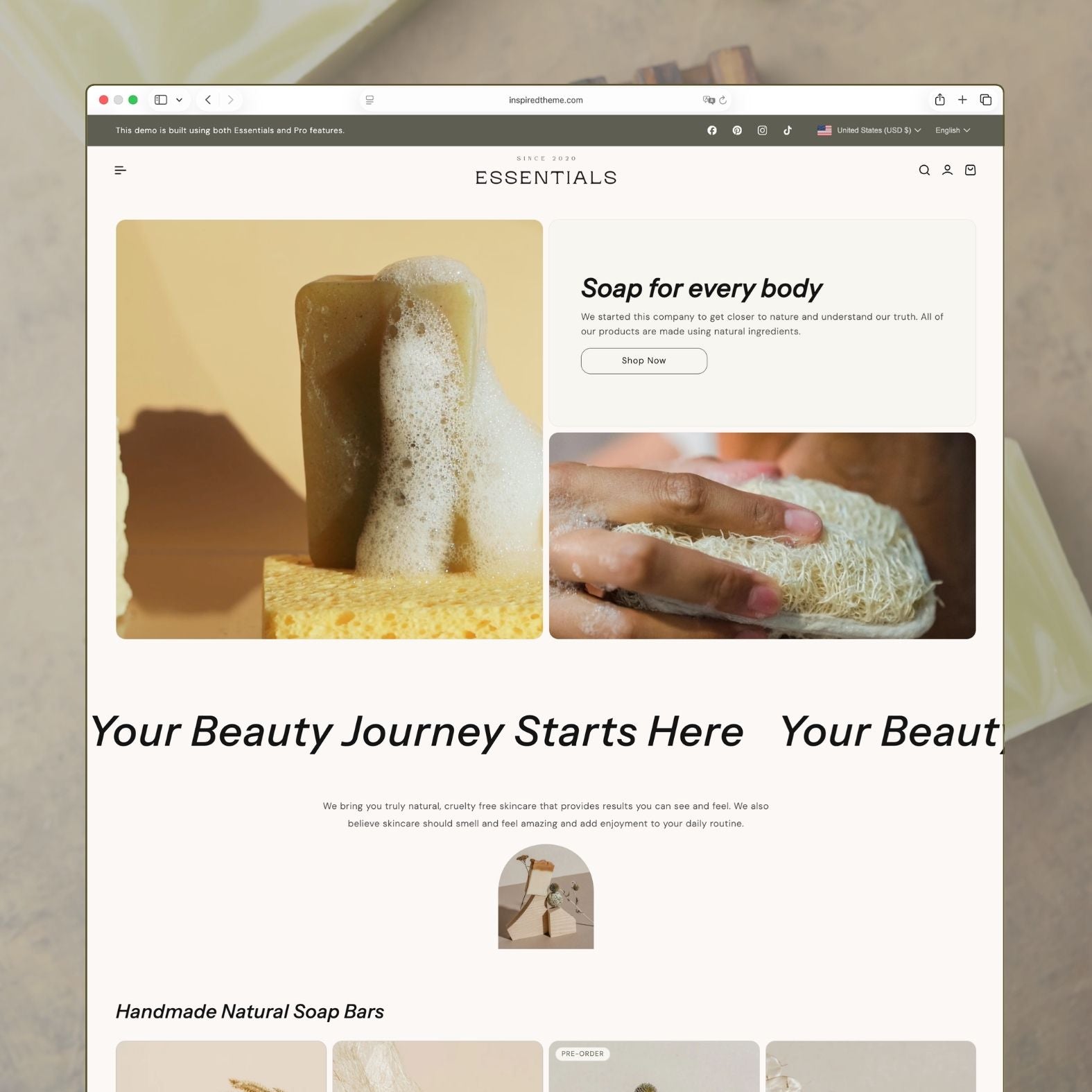 Essentials Shopify theme homepage for a natural handmade soap and body care brand with warm olive tones, hero section reading 'Soap for every body' with close-up soap bar imagery, scrolling marquee, and handmade soap bar collection