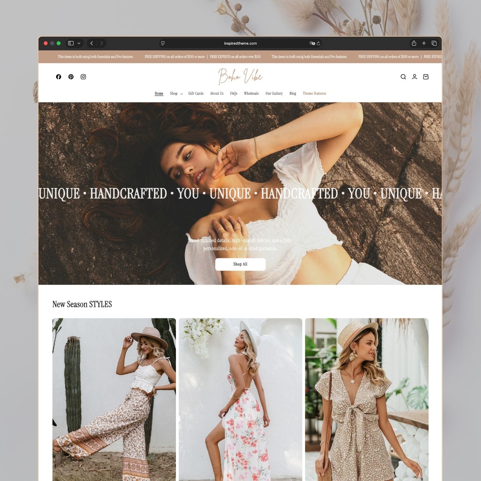 Boho Vibe Shopify theme homepage for a bohemian handcrafted fashion store with warm earth tones, hero image of a model in flowing boho clothing, featured collections, and artisan aesthetic