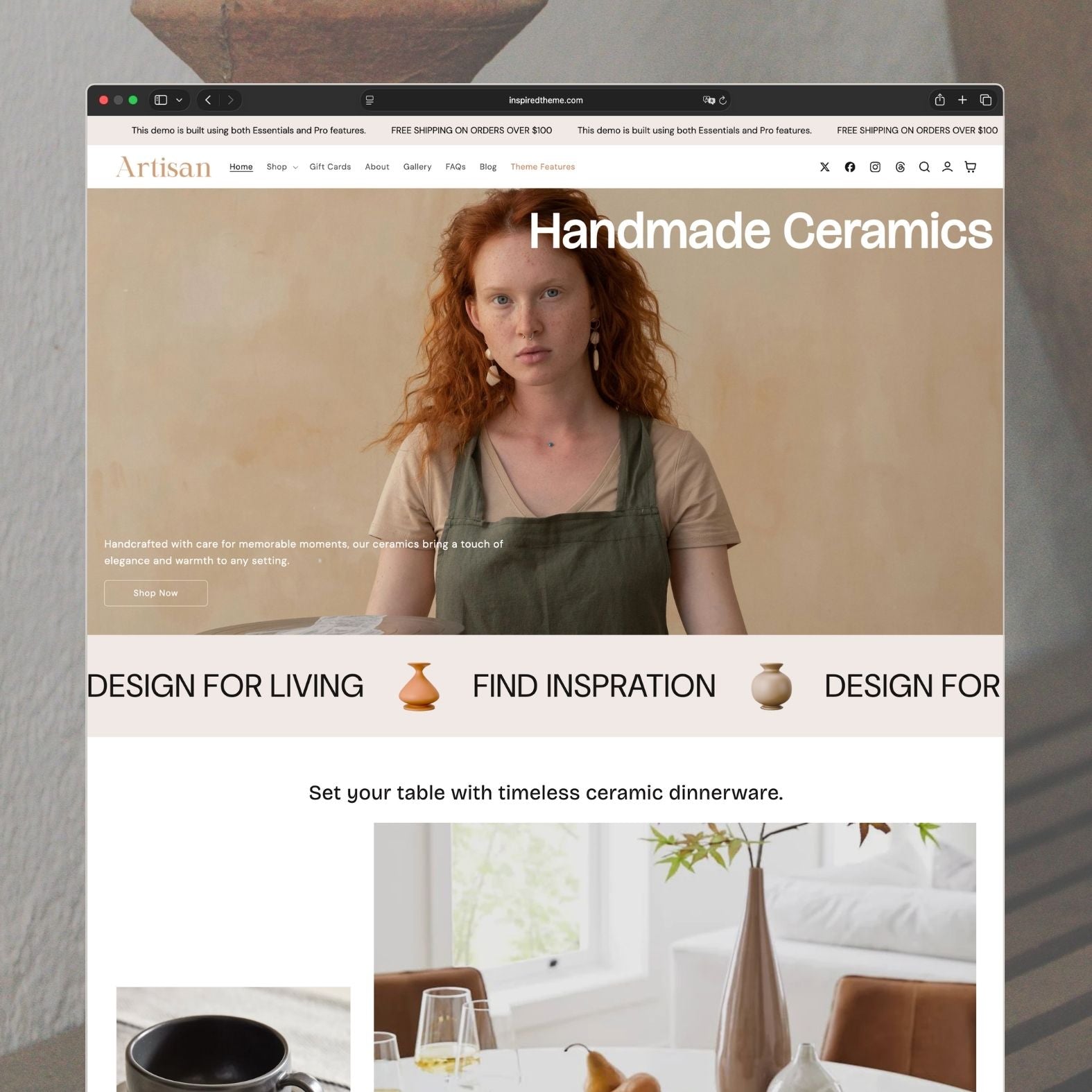 Artisan Shopify theme homepage for a handmade ceramics and dinnerware store with warm earth tones, hero image of artisan pottery, featured collections, and rustic design aesthetic