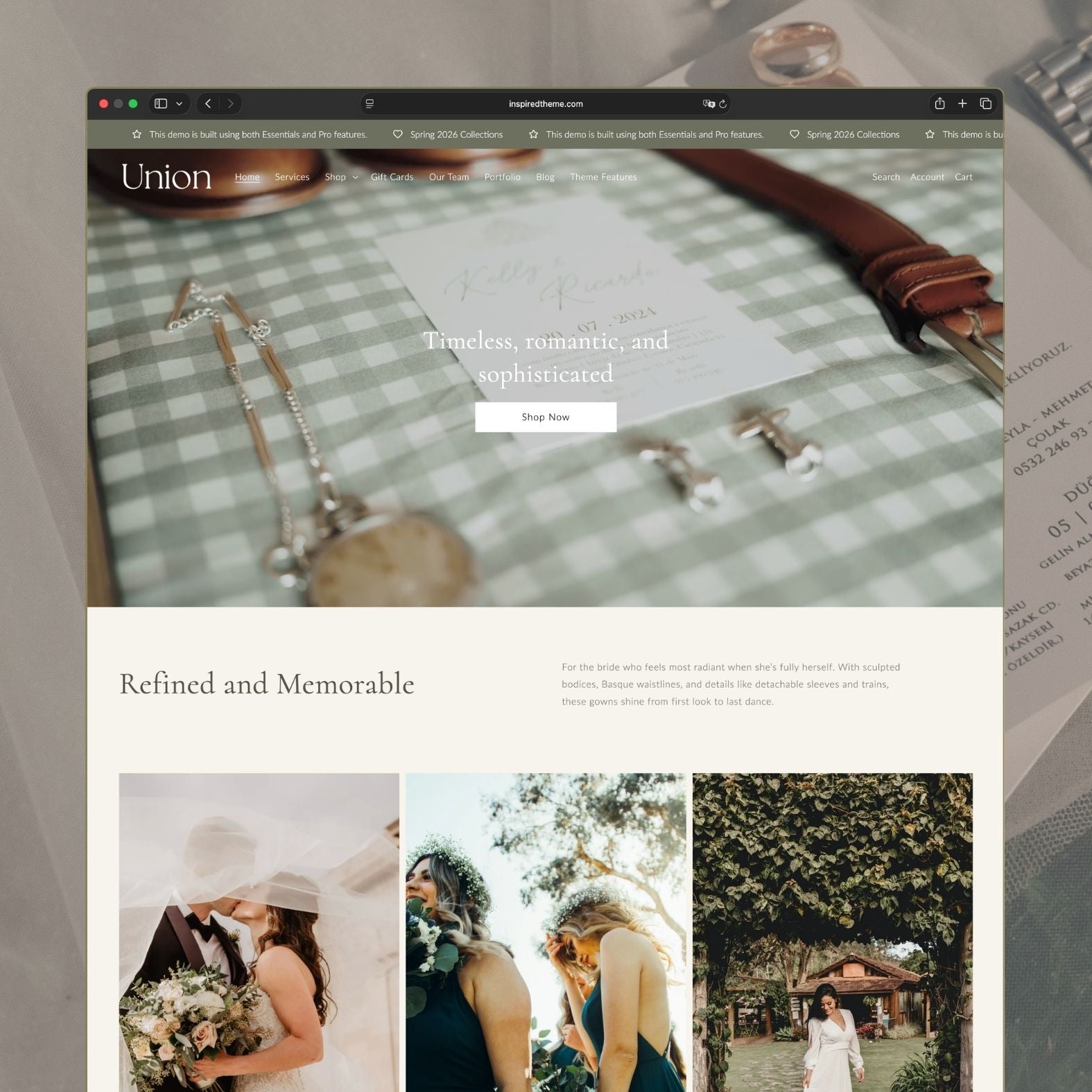 Union Shopify theme homepage for a bridal and wedding boutique with elegant olive and cream tones, hero image of wedding stationery and accessories with 'Timeless, romantic, and sophisticated' headline, 'Refined and Memorable' section with bride gallery photos