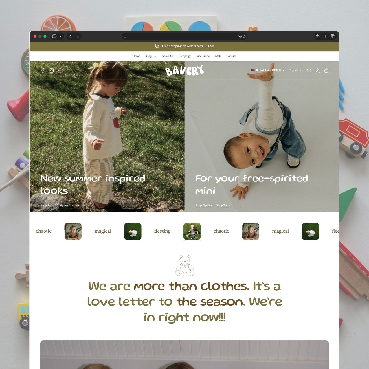 Bavery theme homepage showing split hero banners with playful typography, scrolling image marquee, and brand story section