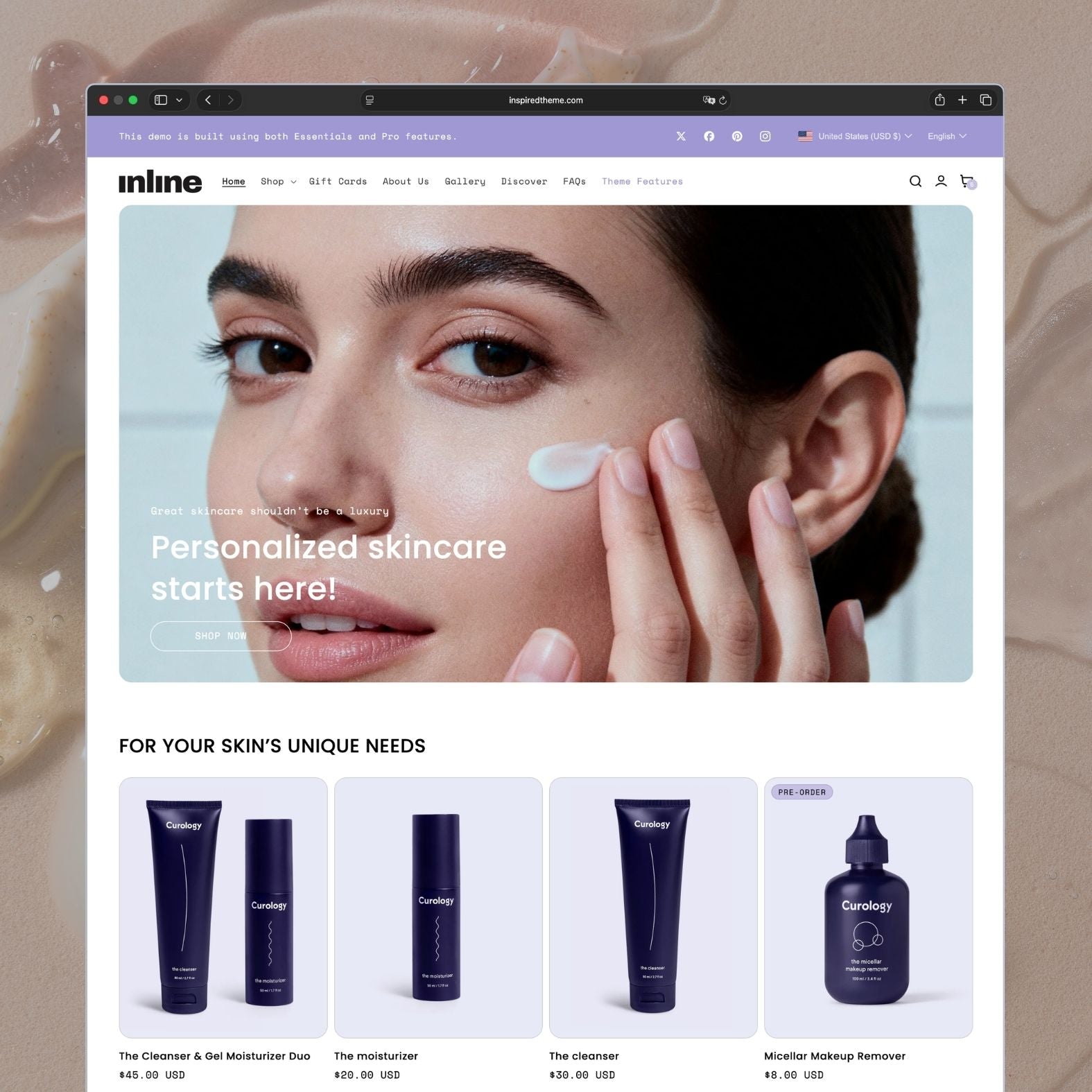 Inline Shopify theme homepage for a personalized skincare brand with purple and lavender accents, hero section featuring skincare products, clean modern layout, and customization-focused messaging