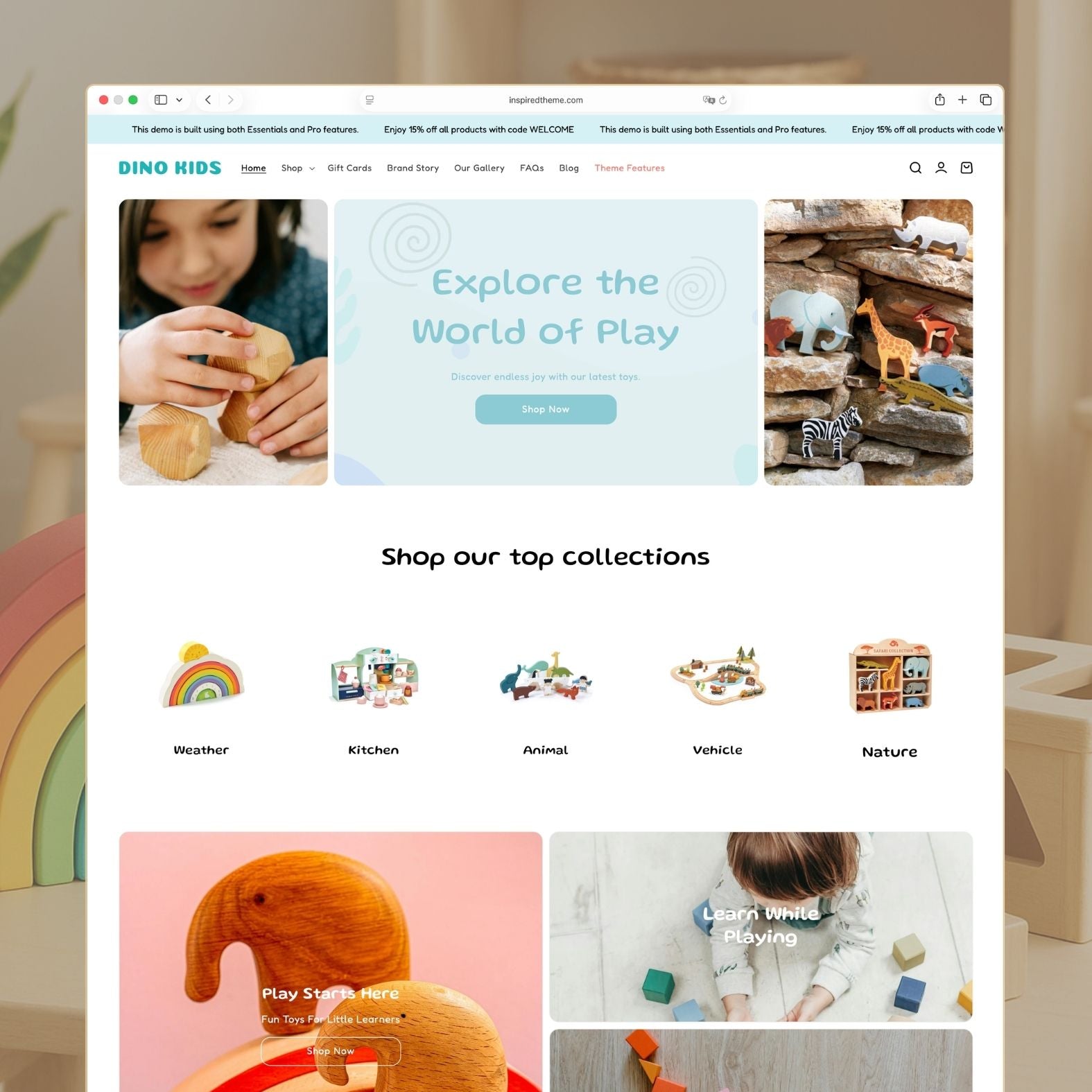 Dino Kids Shopify theme homepage for a children's wooden toys store with playful pastel colors, hero section featuring educational toys, fun illustrations, and family-friendly navigation