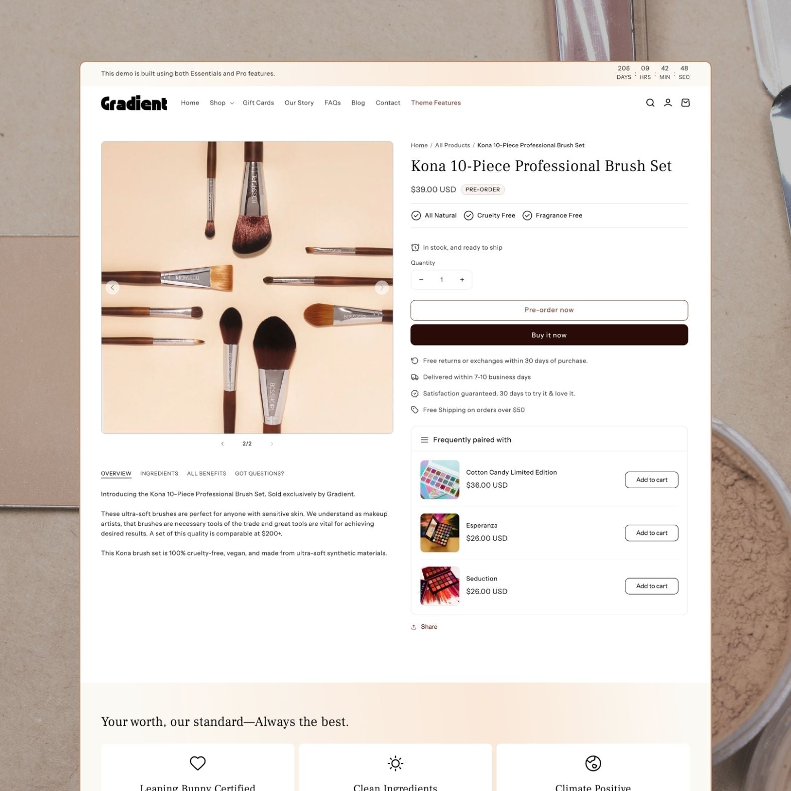 Gradient theme product page displaying a makeup product with vivid color photography, shade options, product details, and bold visual presentation