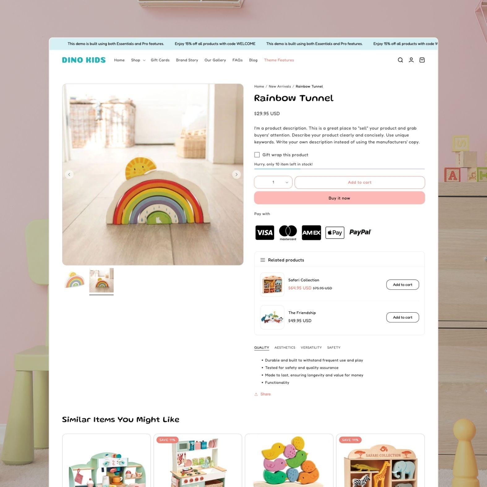 Dino Kids theme product page showing a wooden educational toy with colorful product photography, age recommendations, safety information, and related toy suggestions