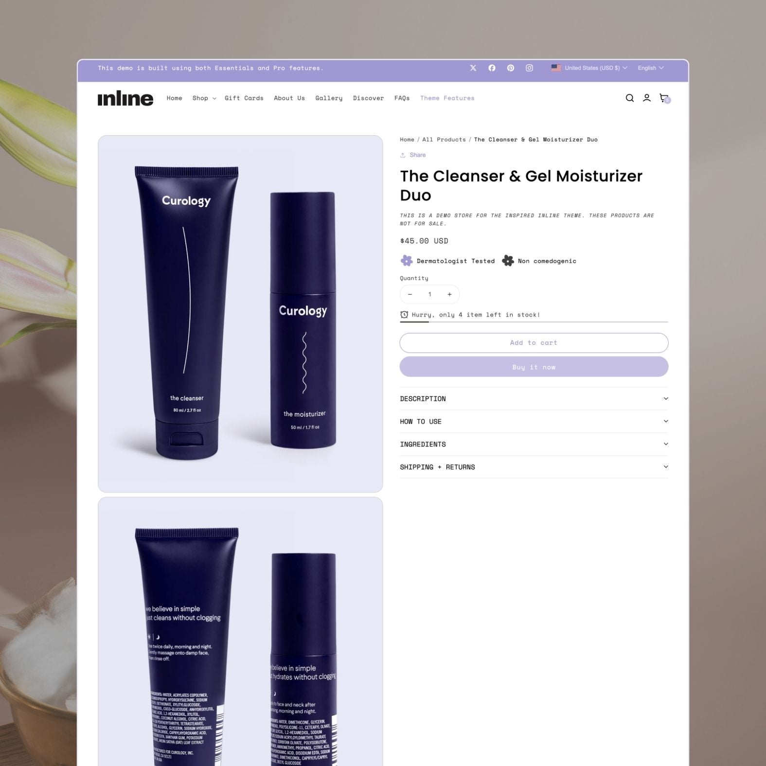 Inline theme product page showing a skincare product with clean purple-accented design, ingredient list, personalization options, and detailed product benefits