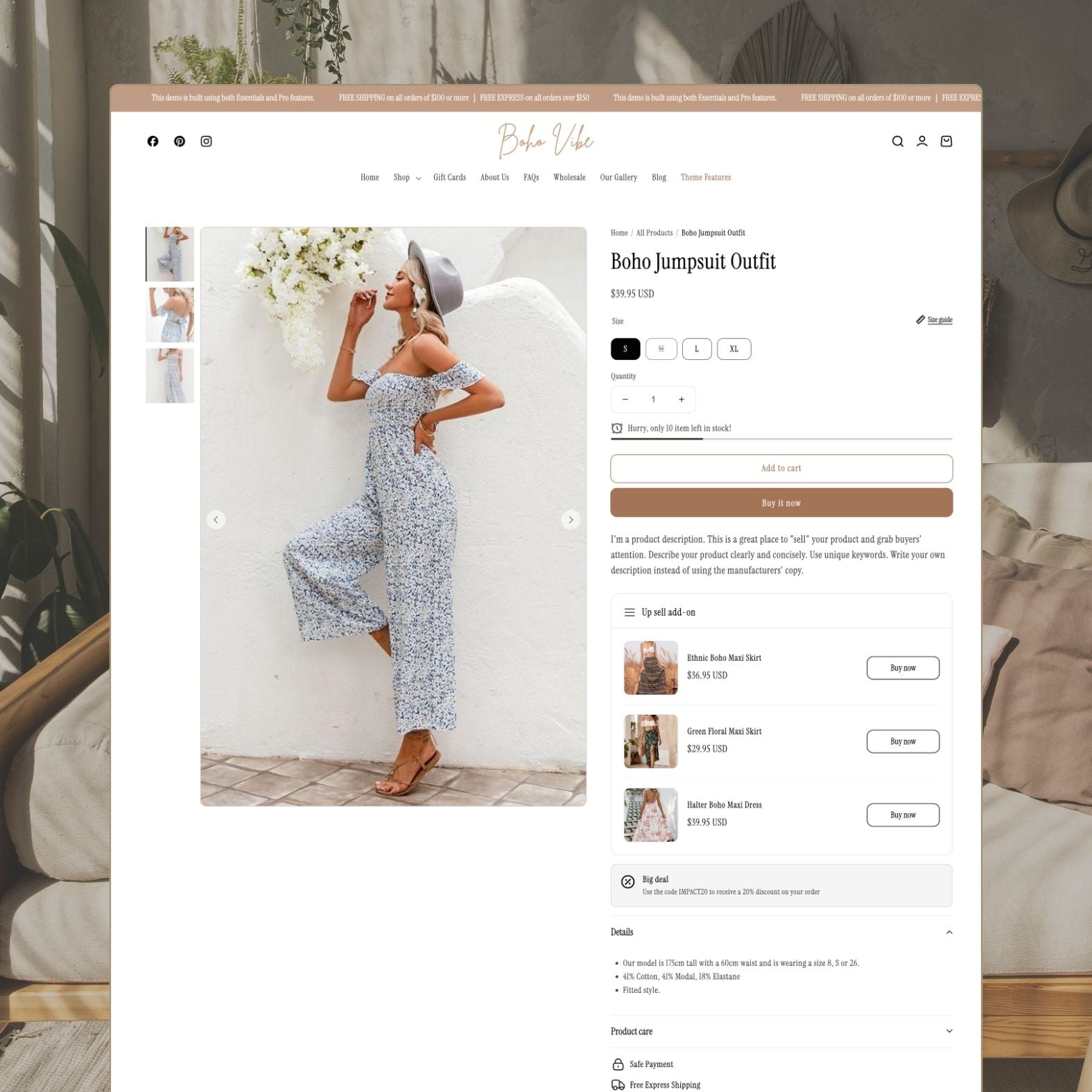Boho Vibe theme product page displaying a bohemian fashion item with detailed product shots, fabric information, size options, and complementary outfit suggestions