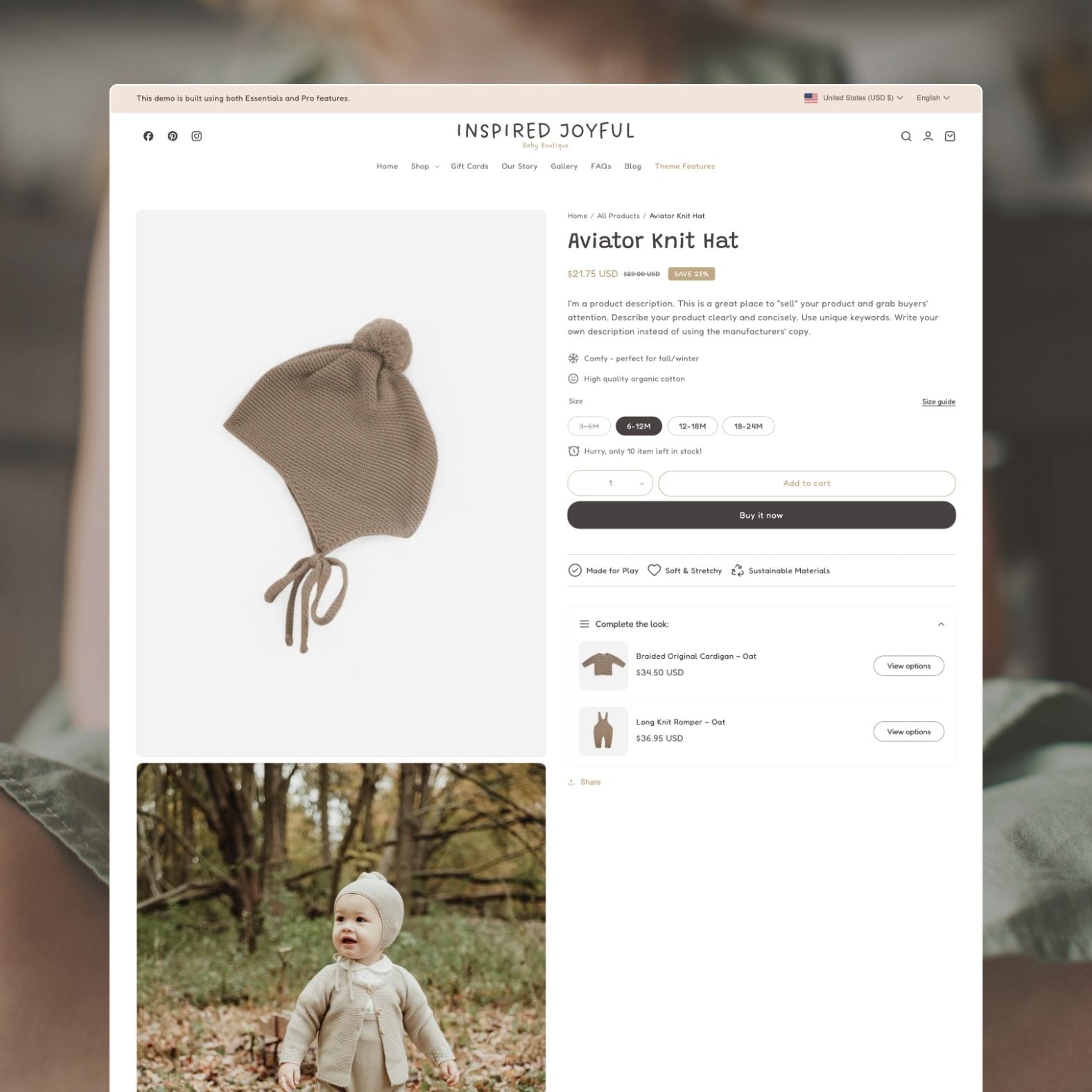 Joy theme product page displaying a children's clothing item with cheerful product photography, size options by age, fabric details, and related outfit suggestions