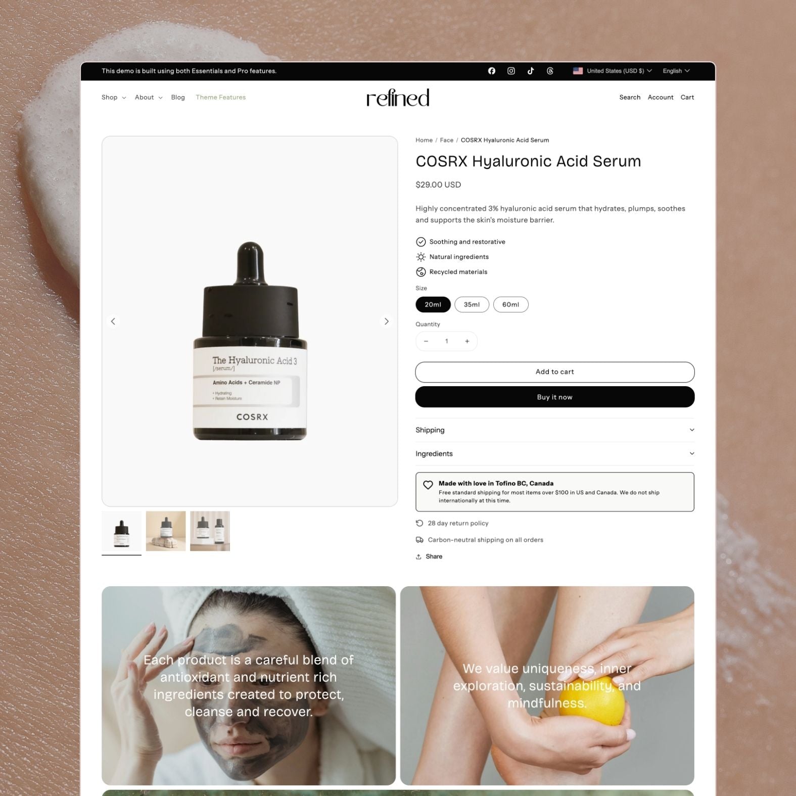 Refined theme product page showing a COSRX Hyaluronic Acid Serum with product benefits badges, size options, shipping and ingredients accordions, and lifestyle imagery blocks about antioxidant-rich ingredients and sustainability values