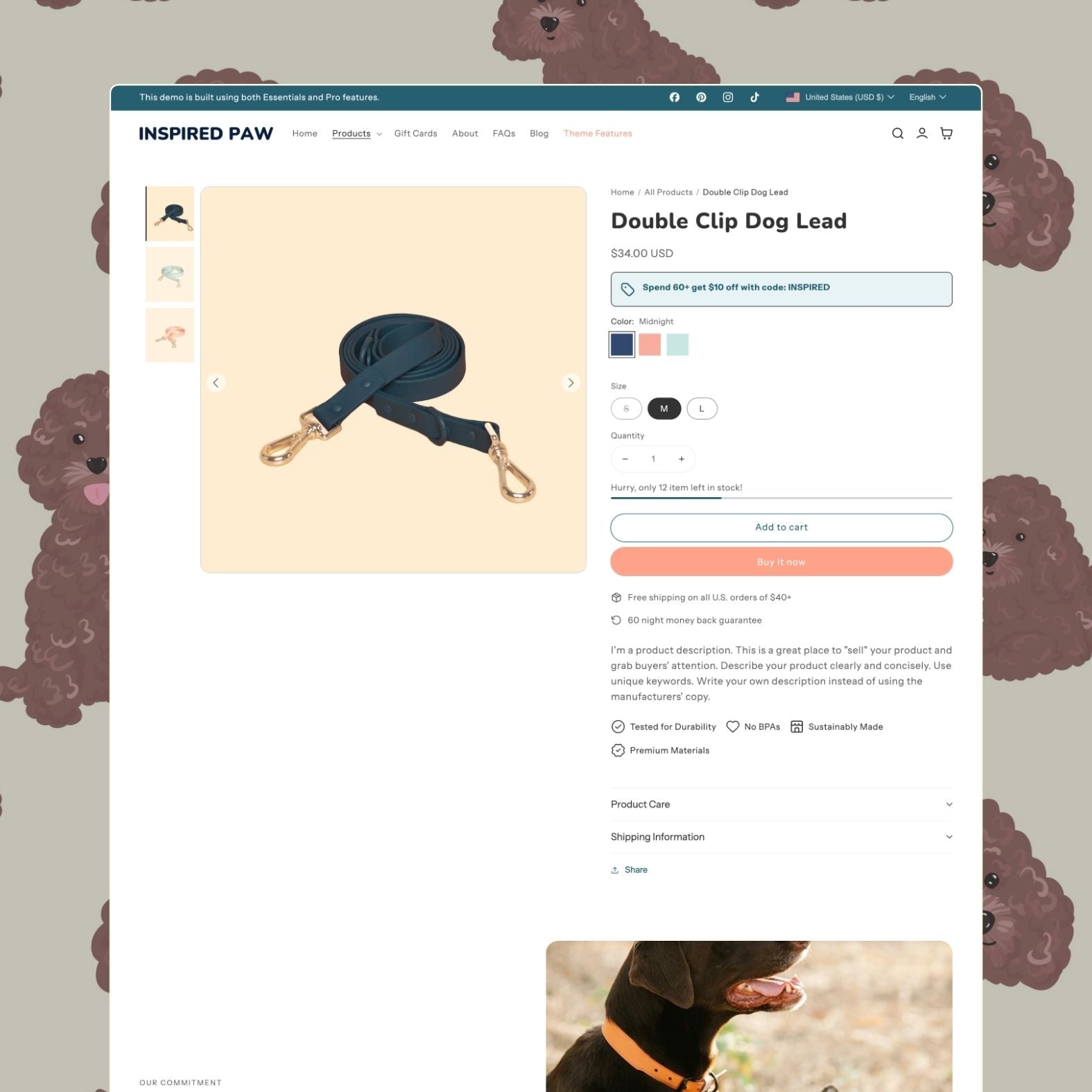 Paw theme product page showing a Double Clip Dog Lead in midnight blue with color and size swatches, discount code banner, durability and sustainability badges, product care accordion, and playful paw print background