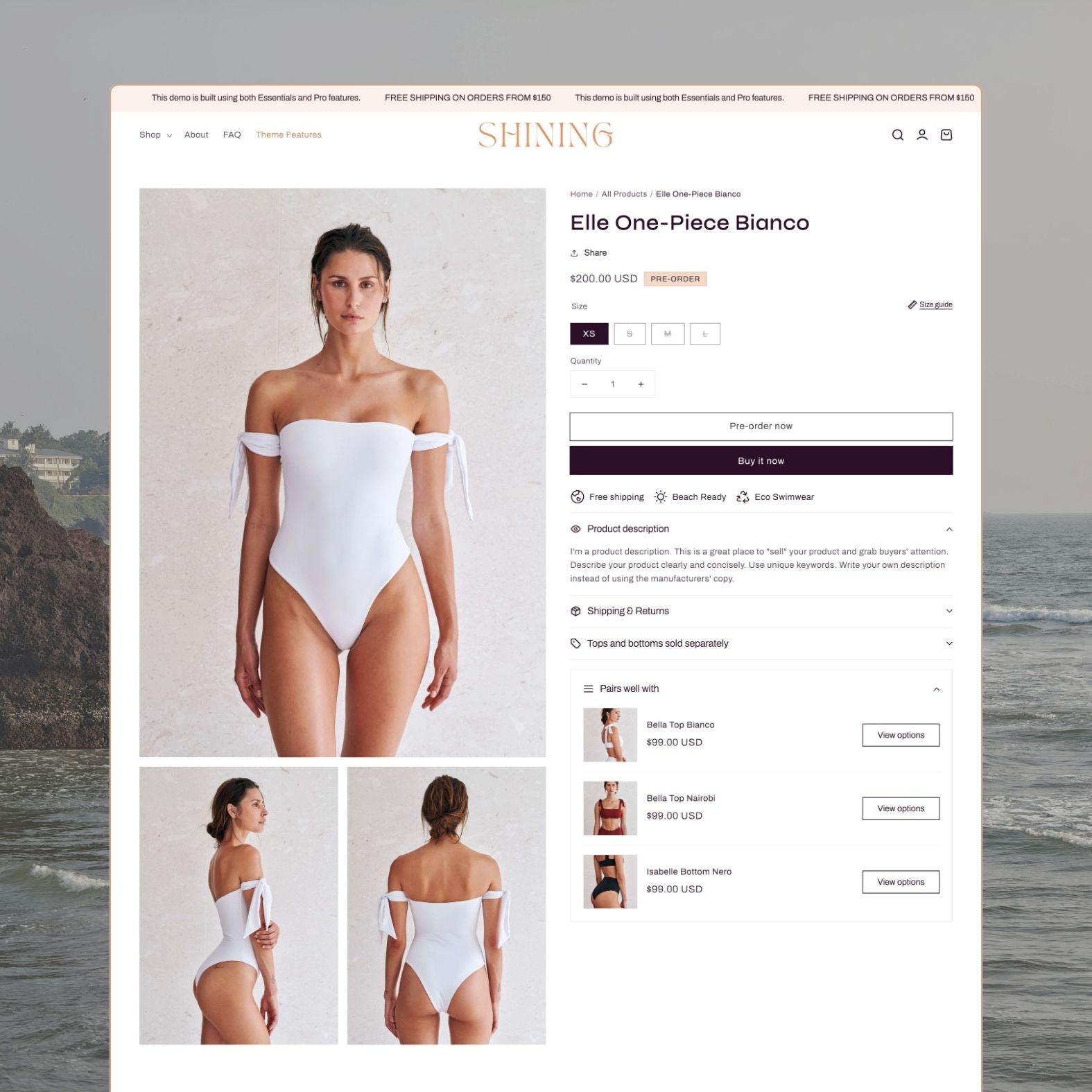 Shining theme product page showing an Elle One-Piece Bianco swimsuit with full-length model photography, size selector with size guide link, pre-order button, 'Pairs well with' mix-and-match suggestions, and multiple angle shots