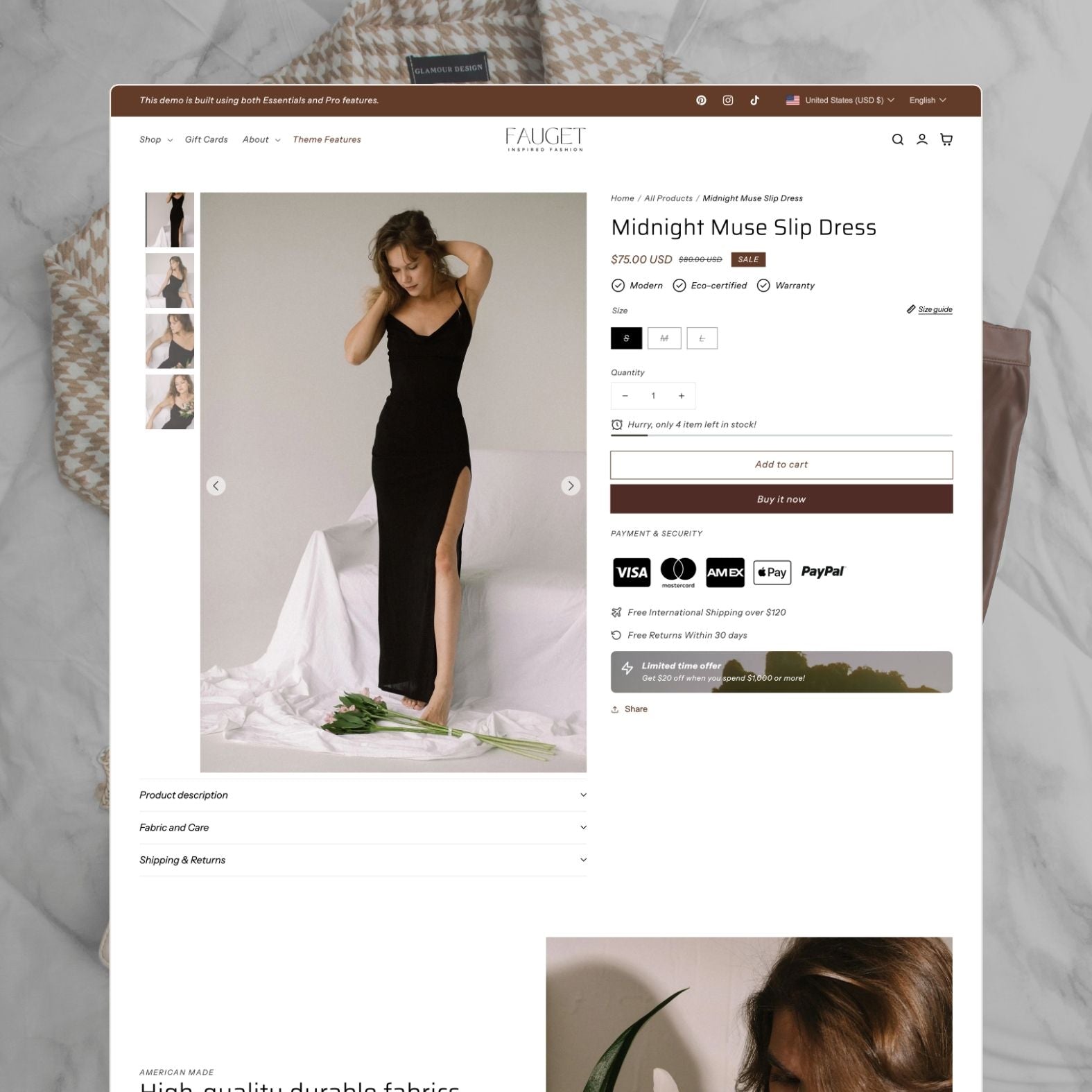 Fauget theme product page showing a Midnight Muse slip dress in black with elegant product photography, size and color options, payment icons, limited-time offer badge, and product detail accordions