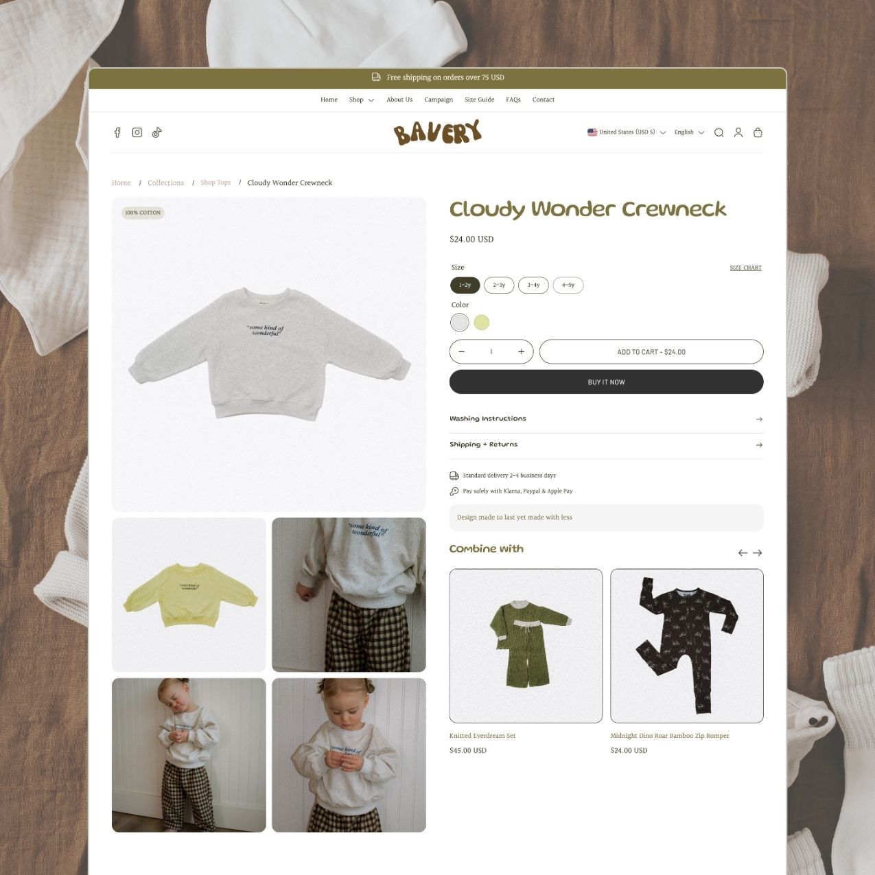 Bavery theme product page with product images, size and color selectors, add to cart button, and product recommendations