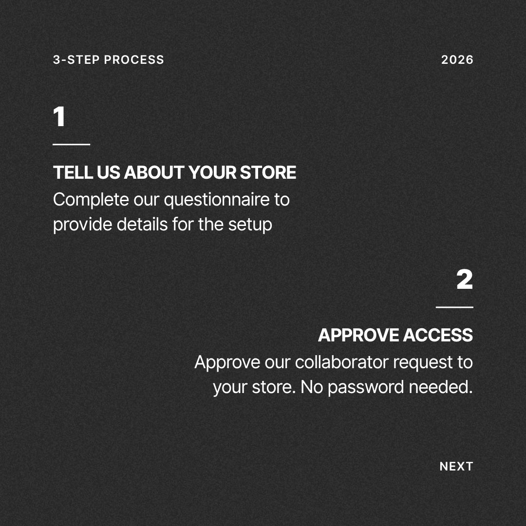 Store setup steps 1 and 2: complete the questionnaire and approve Shopify collaborator access.