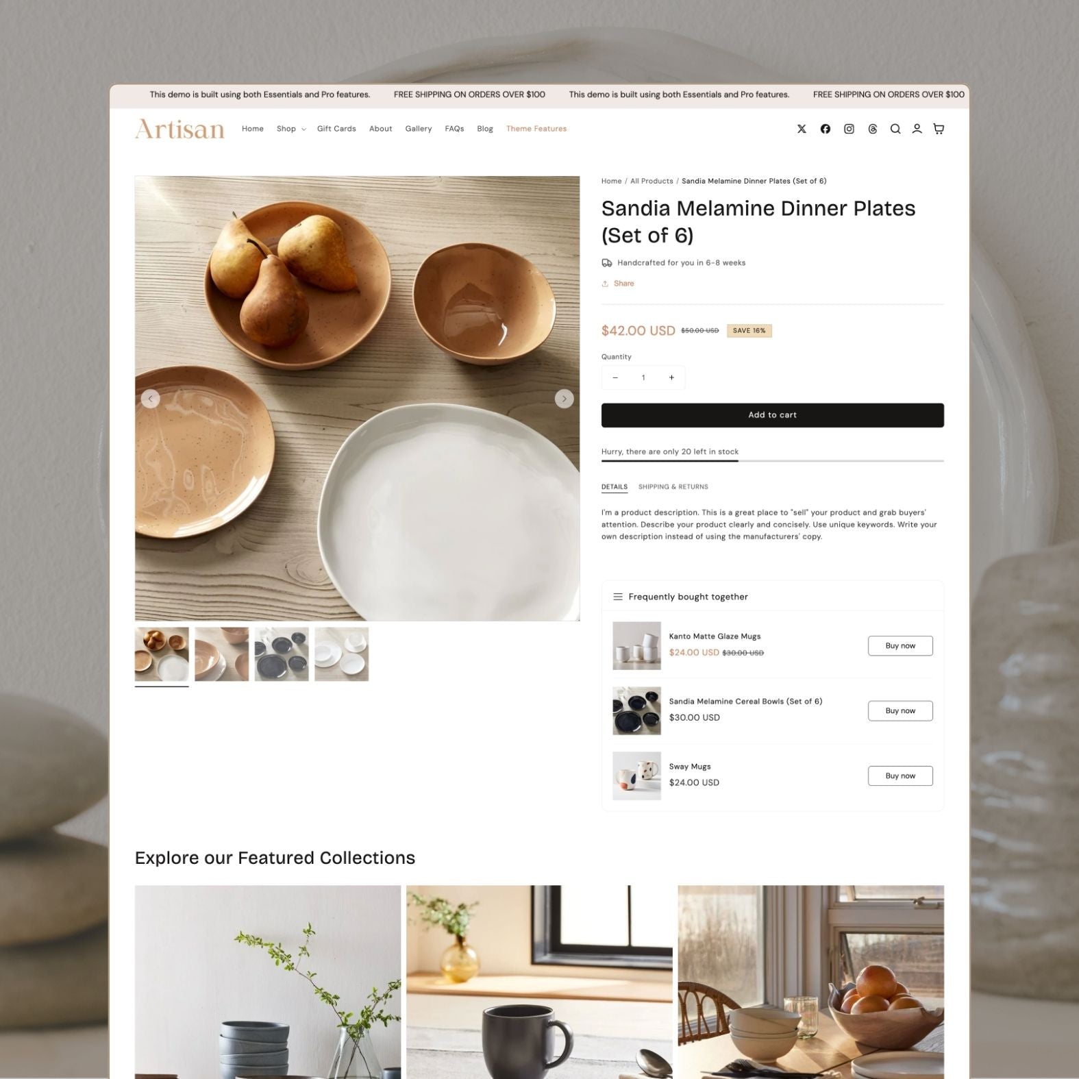 Artisan theme product page displaying a handcrafted ceramic piece with detailed product photography, price, add-to-cart functionality, and complementary product suggestions