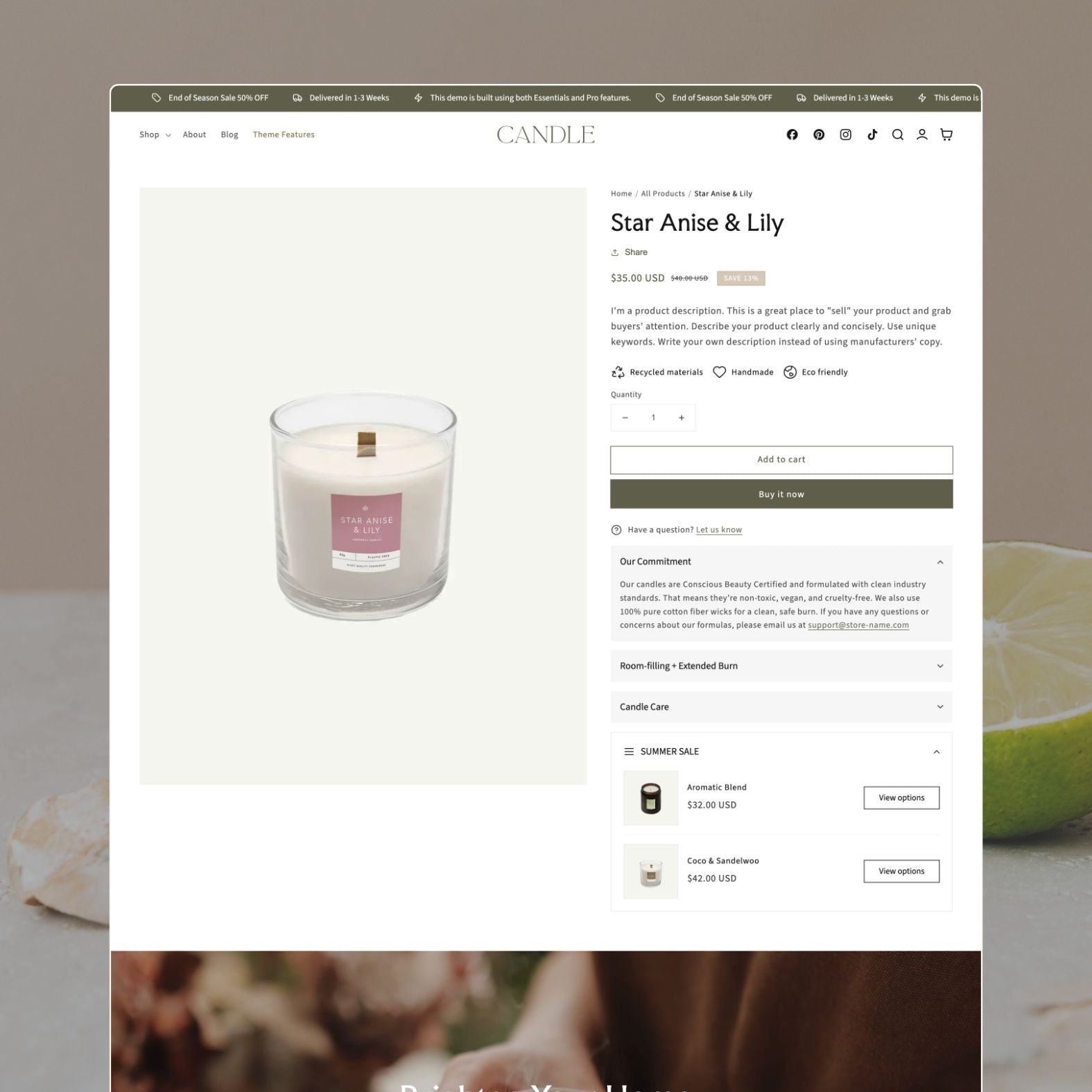 Candle theme product page displaying a handmade candle with scent descriptions, product photography, size options, add-to-cart button, and complementary product upsells