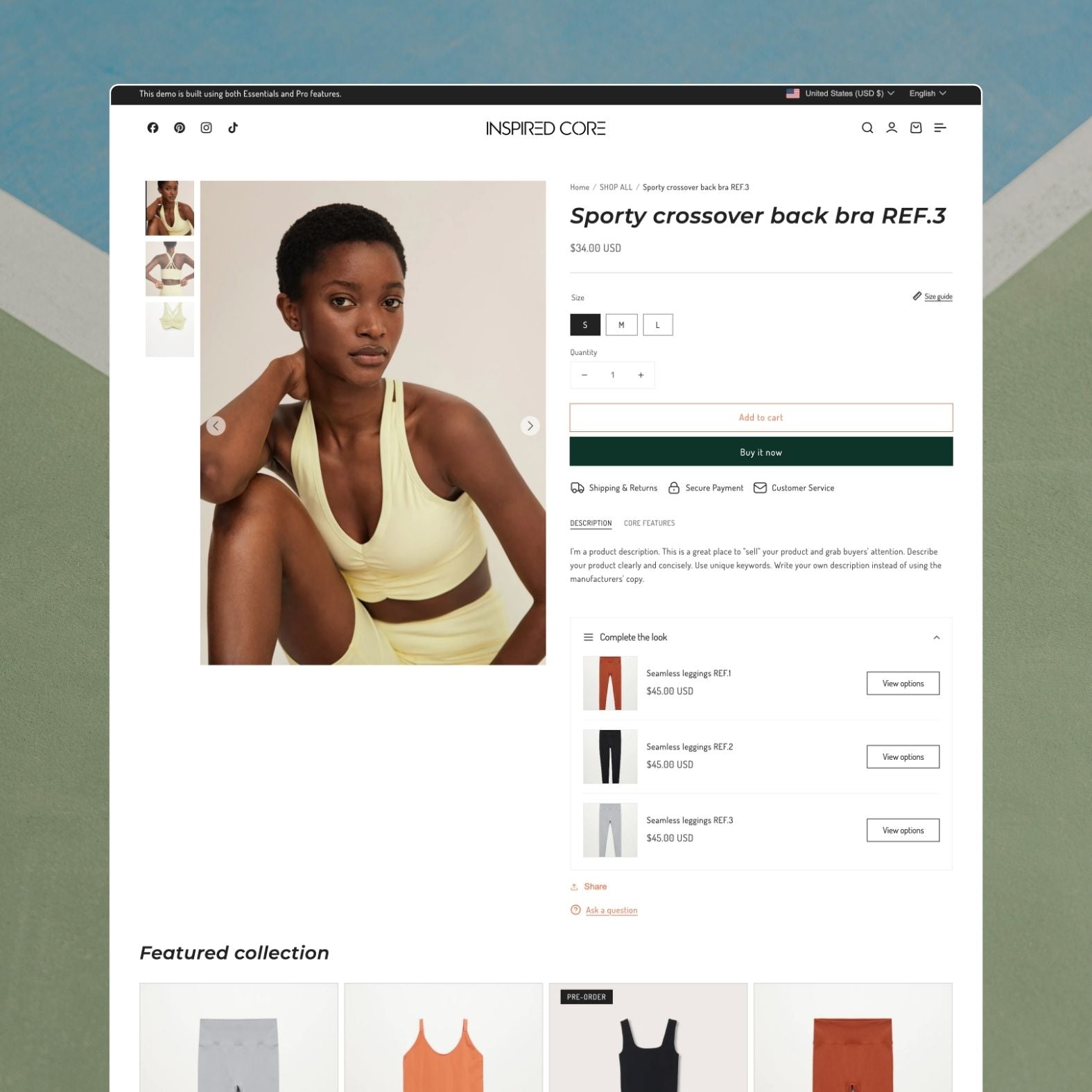 Core theme product page showing a performance sportswear item with technical specifications, size selector, multiple color options, and athletic lifestyle photography