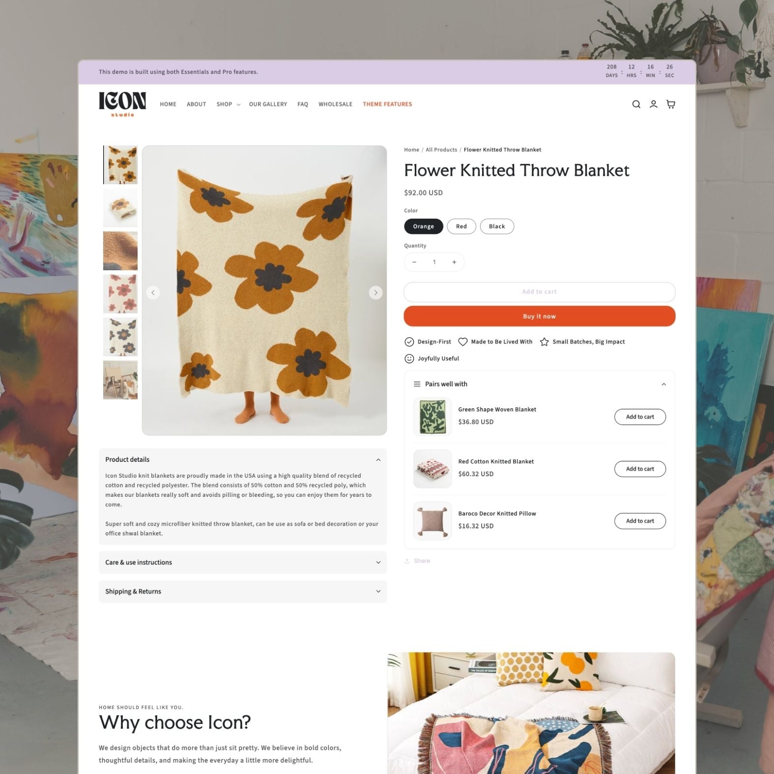 Icon theme product page showing a handcrafted home decor item with artistic product photography, materials information, pricing, and 'Complete the look' styling suggestions