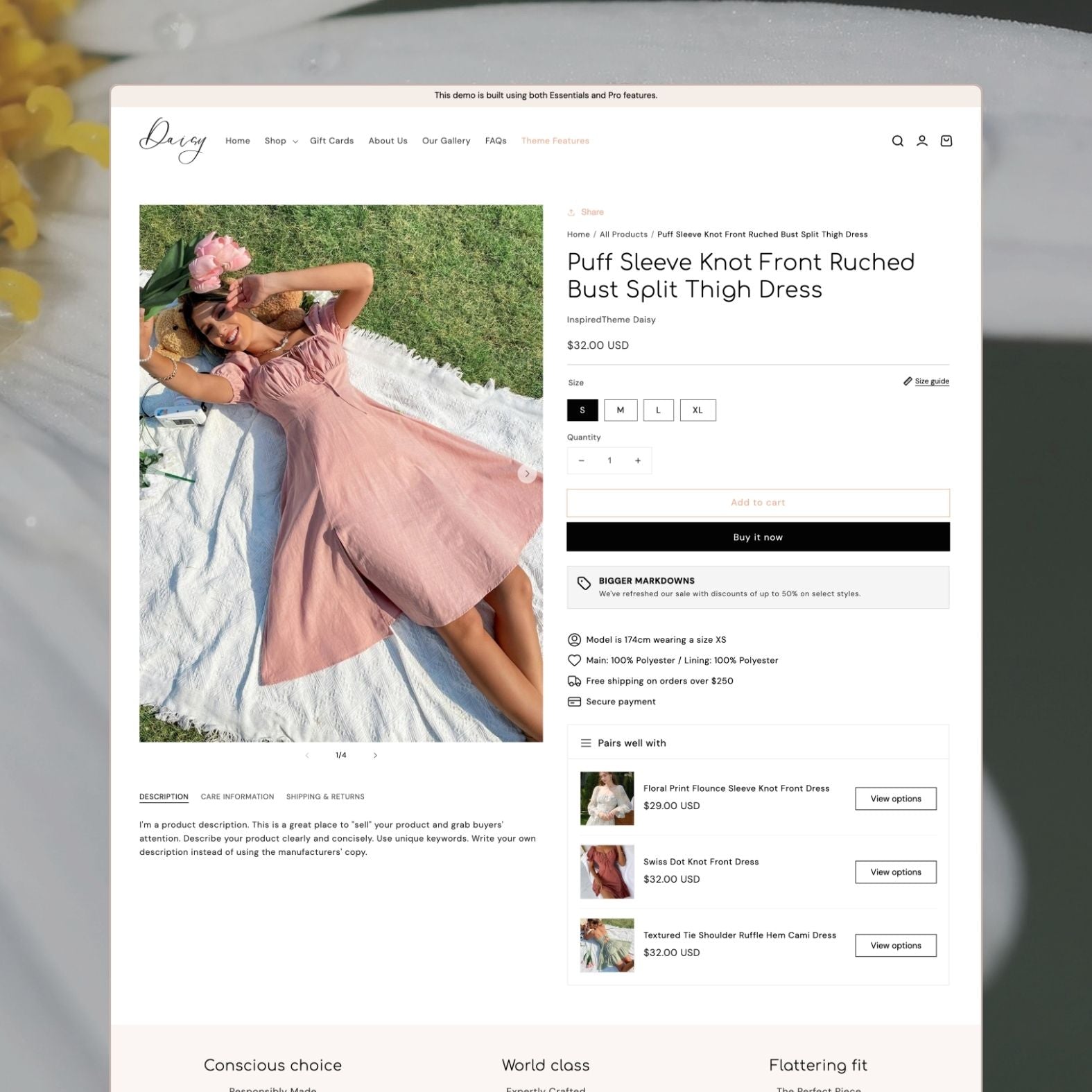 Daisy theme product page showing a puff sleeve ruched bust dress with model photography, size selector, 'Bigger Markdowns' promotion badge, pairs-well-with suggestions, and product benefit icons