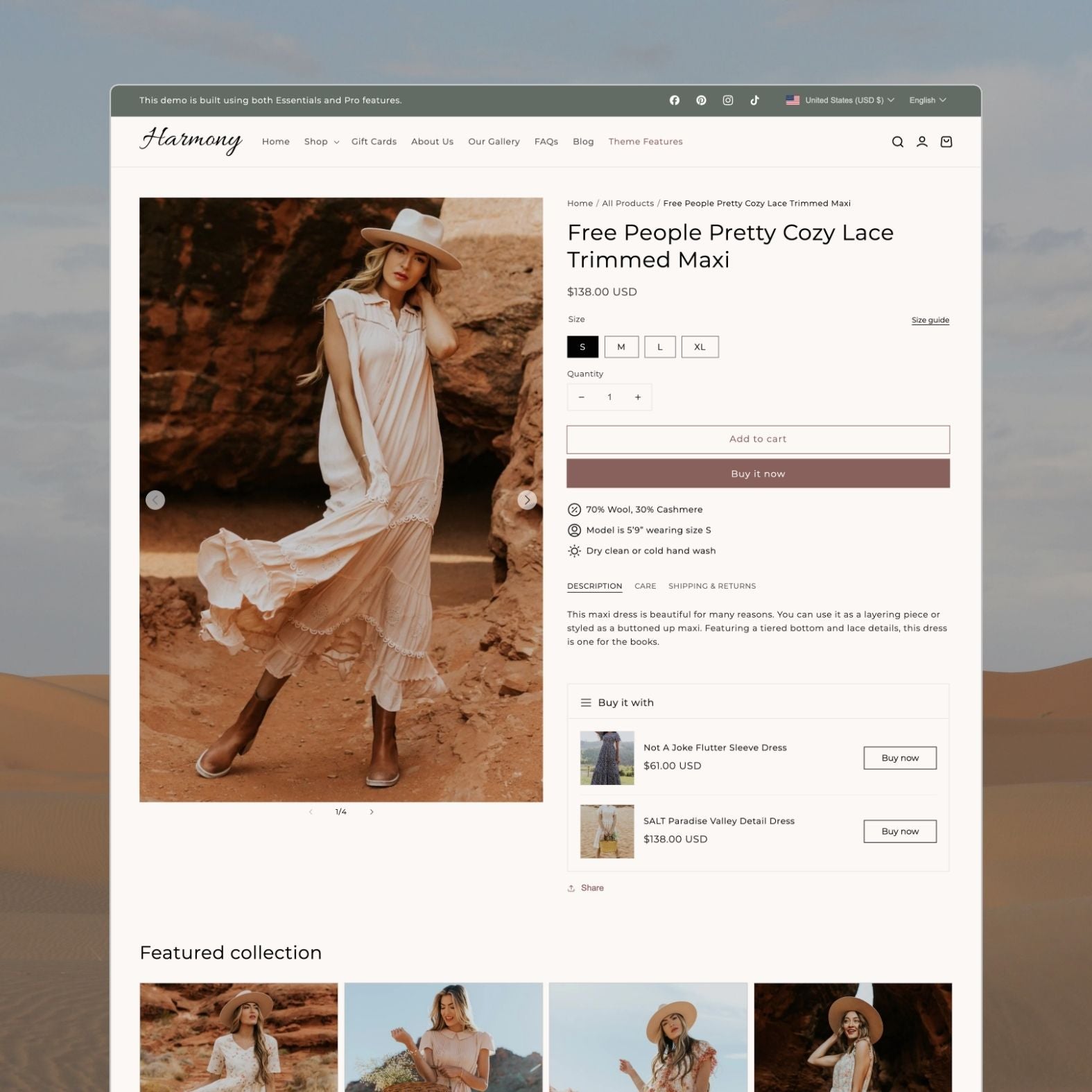 Harmony theme product page displaying a boho fashion piece with natural outdoor photography, size options, fabric details, and nature-inspired product presentation