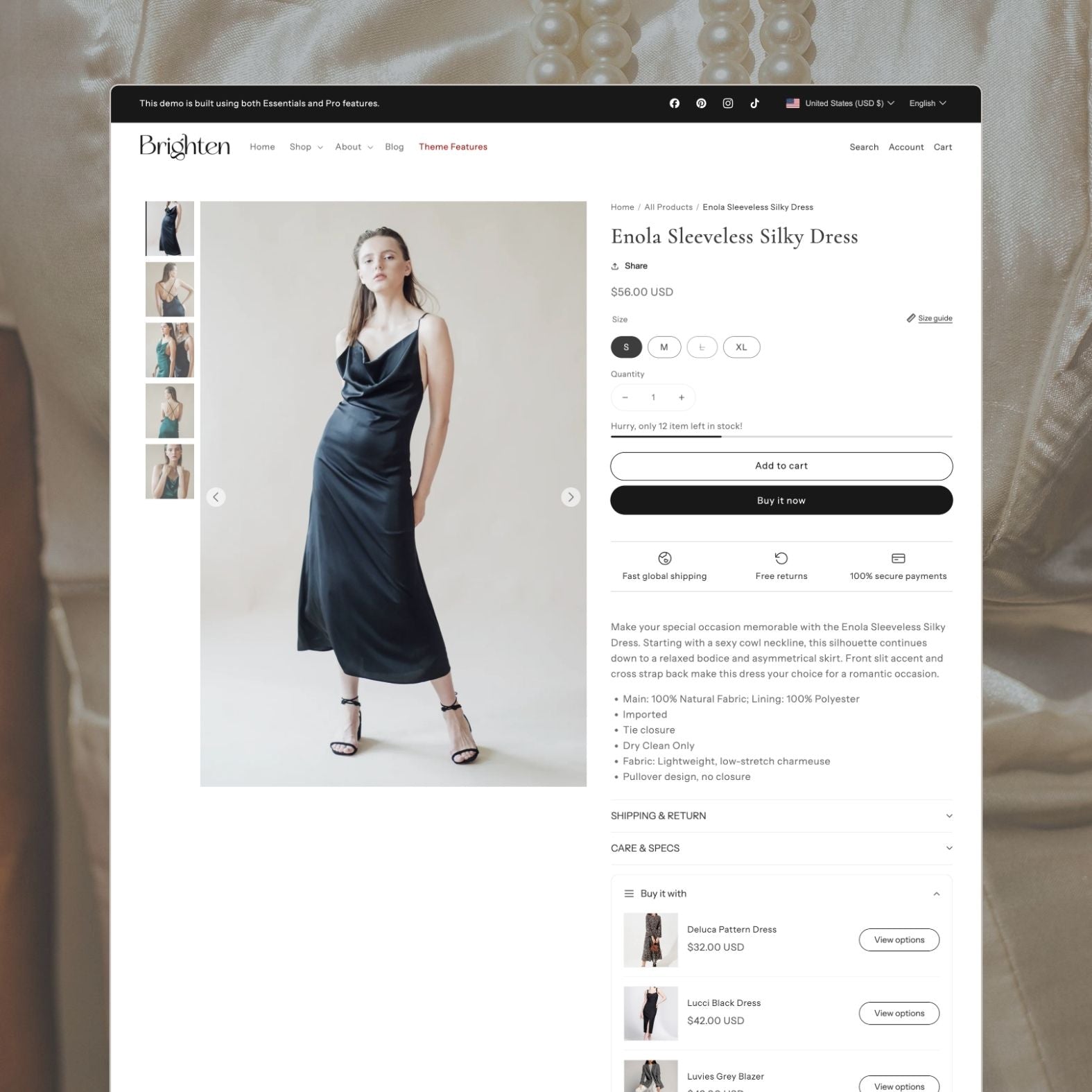 Brighten theme product page showing a women's dress with elegant product photography, size guide, add-to-cart section, and styling recommendations