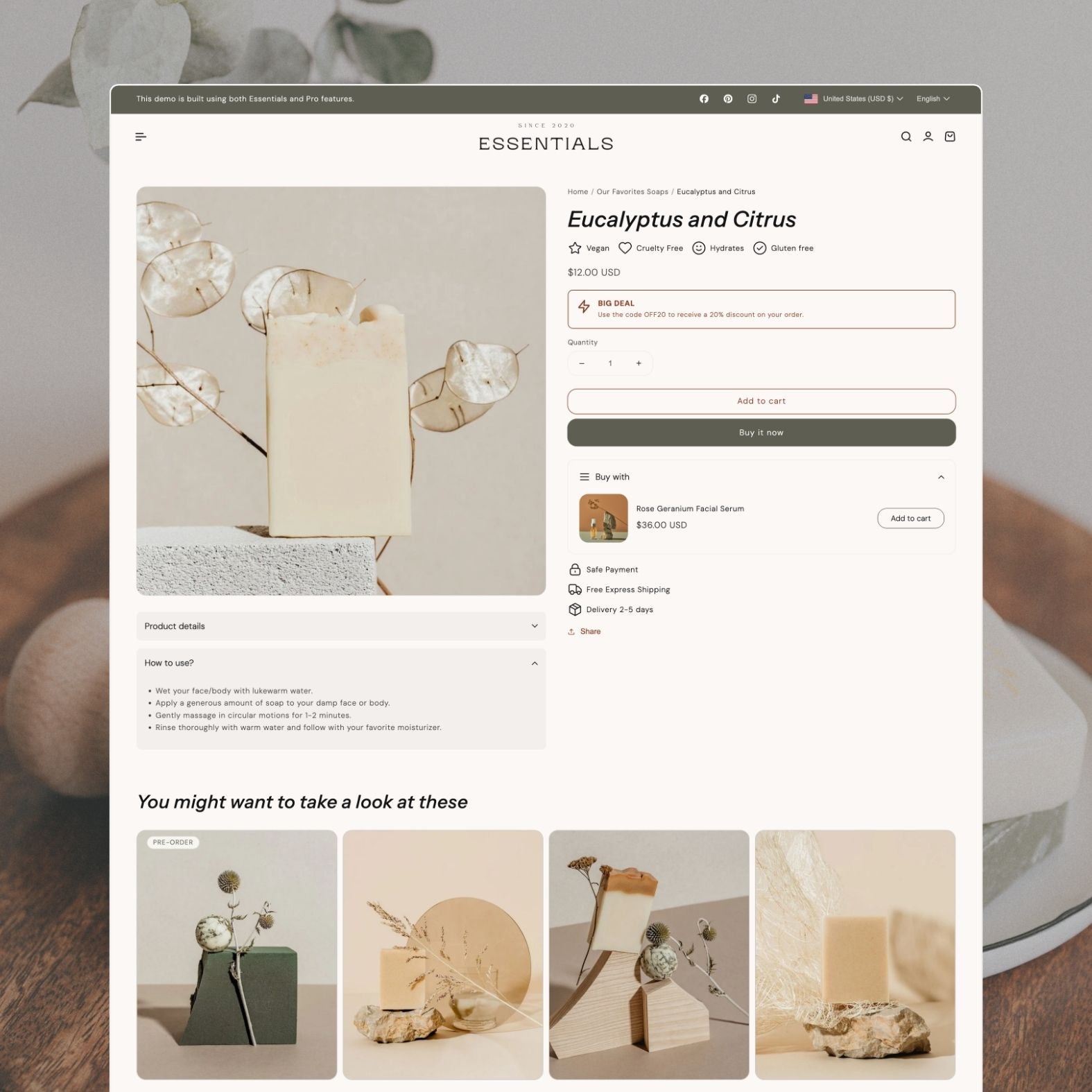 Essentials theme product page displaying an Eucalyptus and Citrus soap bar with natural ingredient badges, product photography on stone, 'Buy with' upsell, and how-to-use instructions
